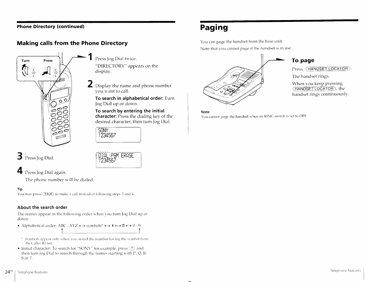 Sony, About the search order, T______ ^_____________r | Paging, Making calls from the phone directory | Sony SPP-A967 User Manual | Page 13 / 26