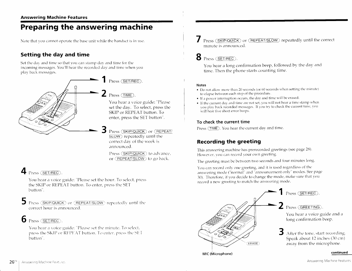 Preparing the answering machine, Setting the day and time, To check the current time | Recording the greeting | Sony SPP-A967 User Manual | Page 14 / 26