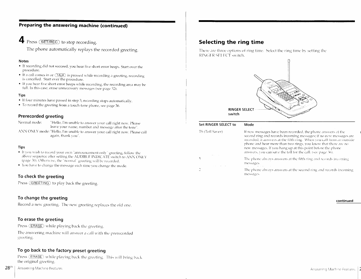 Notes, Tips, Prerecorded greeting | To check the greeting, To change the greeting, To erase the greeting, To go back to the factory preset greeting, Selecting the ring time, Set ringer select to, Mocje | Sony SPP-A967 User Manual | Page 15 / 26