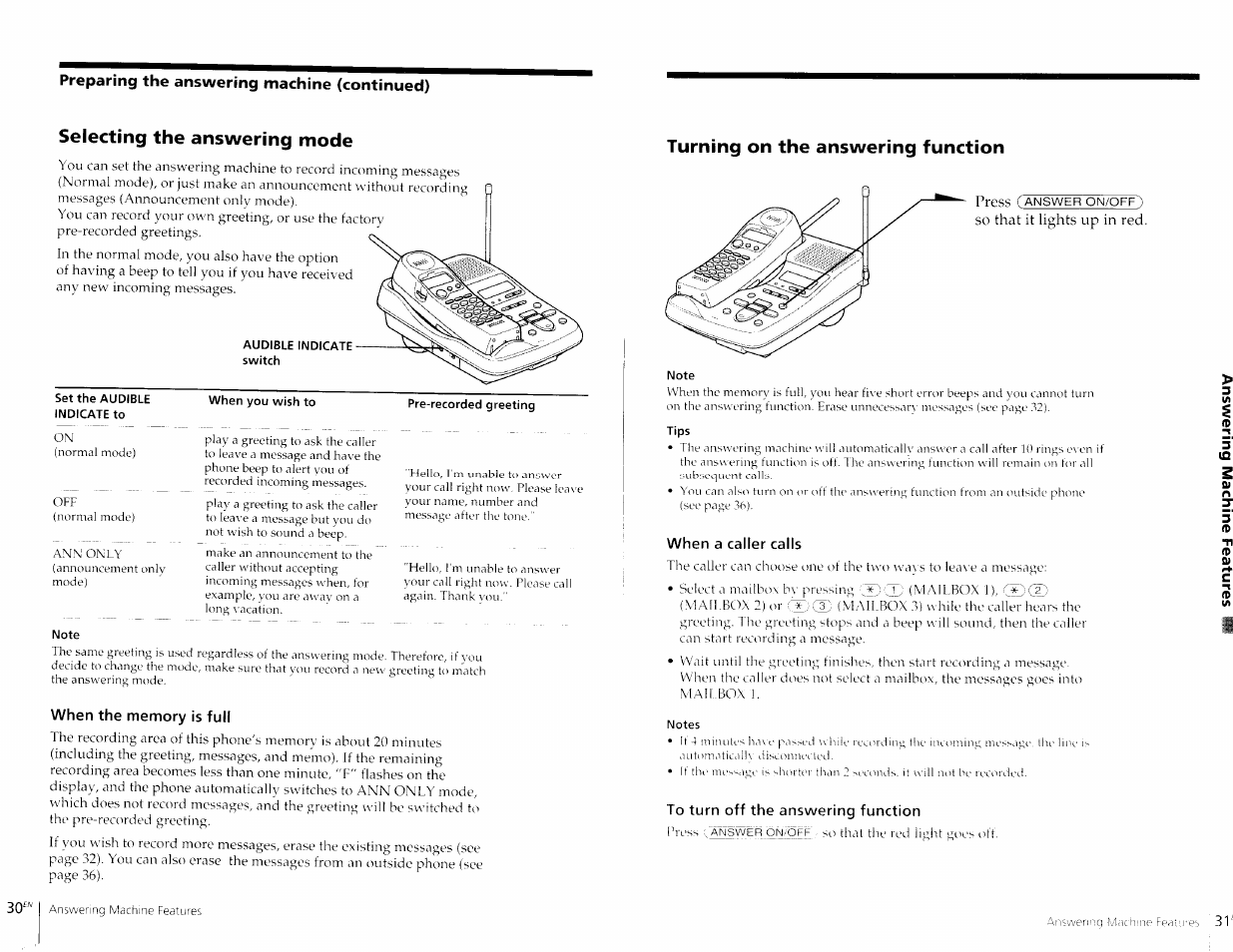Selecting the answering mode, Set the audible indicate to, When you wish to | Pre-recorded greeting, Note, When the memory is full, Turning on the answering function, Tips, When a caller calls, Notes | Sony SPP-A967 User Manual | Page 16 / 26