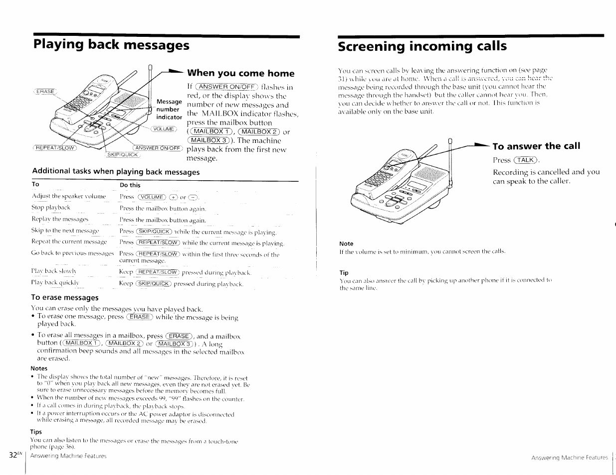 Playing back messages, Screening incoming calls, When you come home | Additional tasks when playing back messages, Do this, To erase messages, Notes, Tips, To answer the call, Note | Sony SPP-A967 User Manual | Page 17 / 26