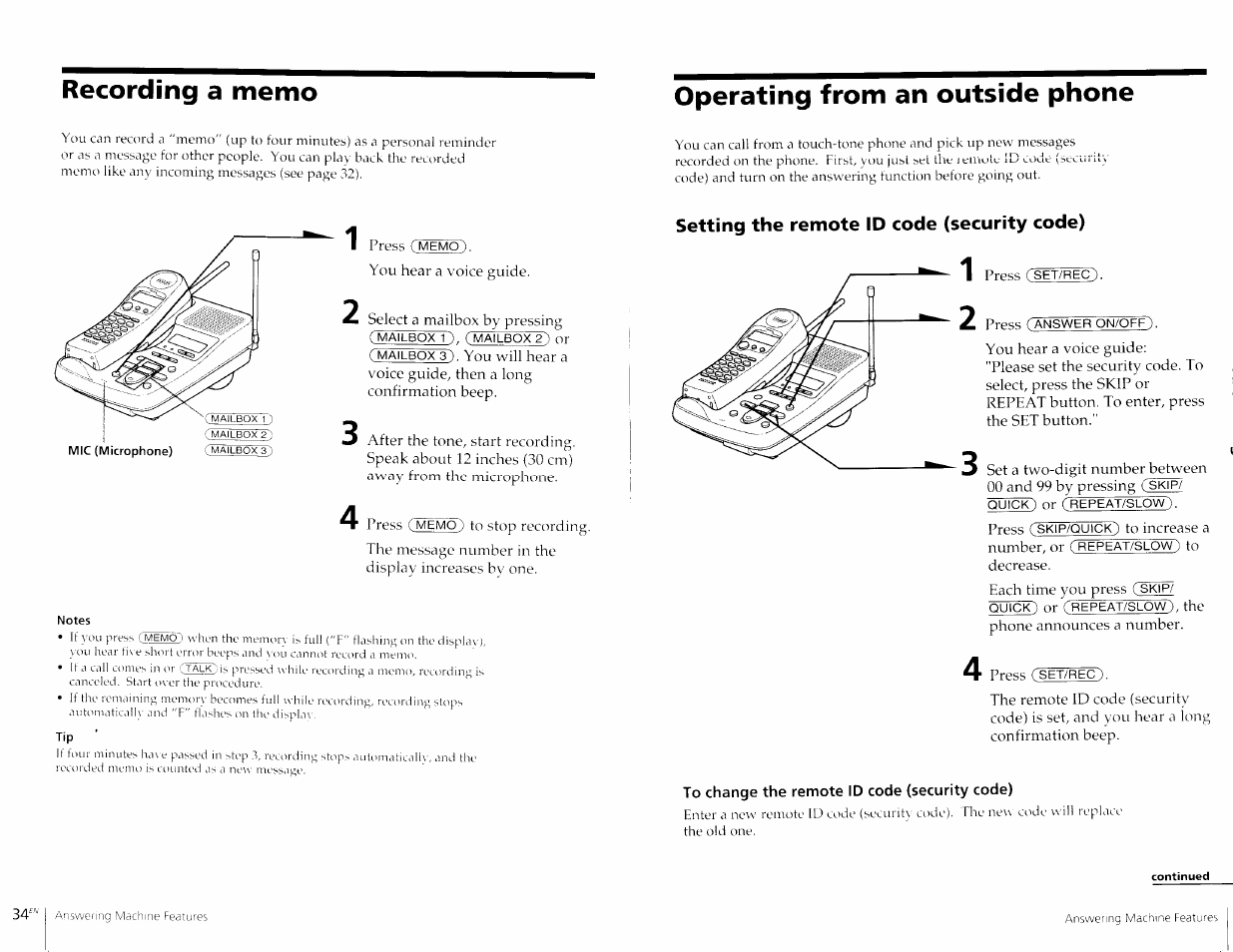 Operating from an outside phone, Notes, Setting the remote id code (security code) | To change the remote id code (security code) | Sony SPP-A967 User Manual | Page 18 / 26