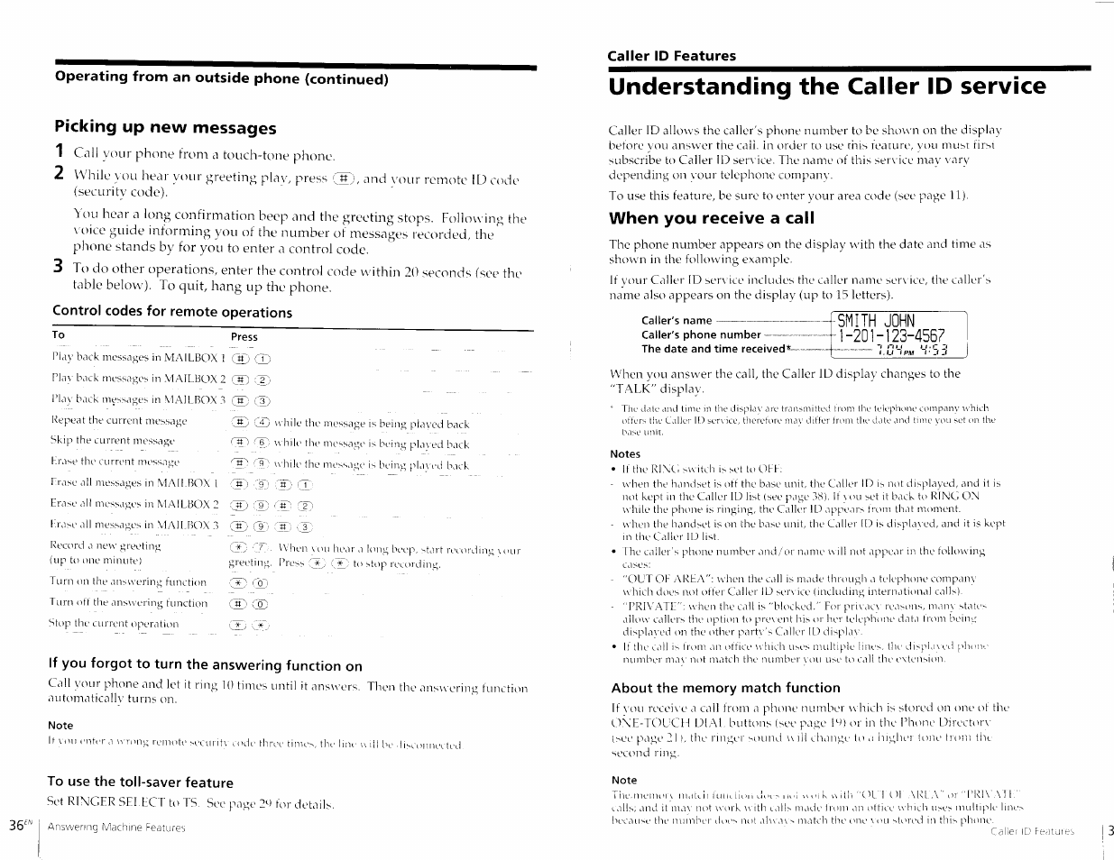 Understanding the caller id service, Picking up new messages, Control codes for remote operations | To press, If you forgot to turn the answering function on, When you receive a call, Caller's name, Smith john 1-201-123-4567, Note, Notes | Sony SPP-A967 User Manual | Page 19 / 26