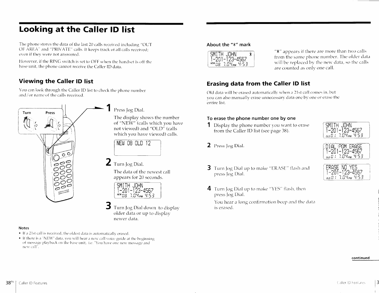 Looking at the caller id list, About the mark, Smith john i 1-201-123-4567 | Viewing the caller id list, New 08 old 12, Smith john 1-201-123-4567, Erasing data from the caller id list, To erase the phone number one by one, Smith john ^ i-201-123-4567, Plfll.pgm erase 1-‘201-123-4567 | Sony SPP-A967 User Manual | Page 20 / 26