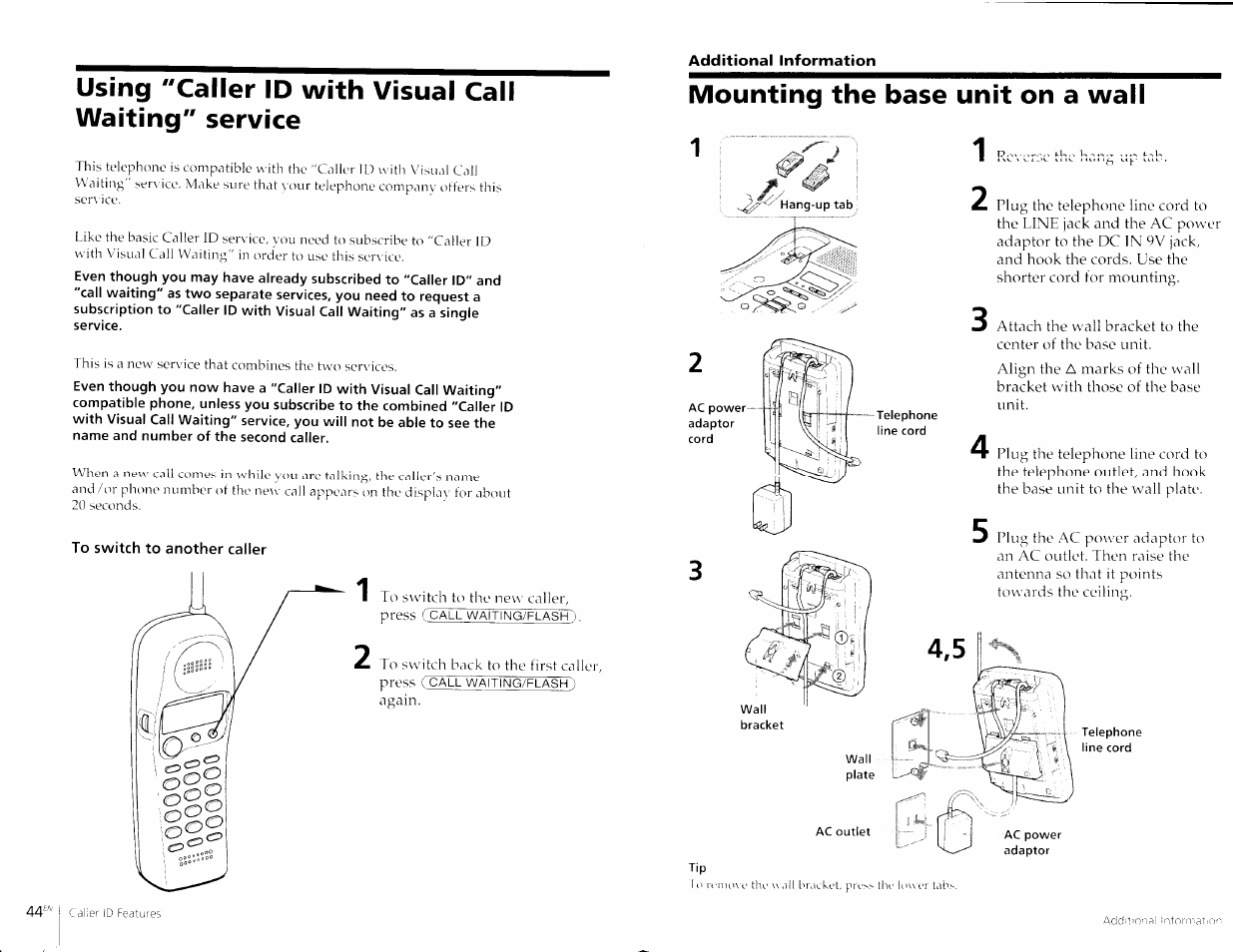 Using "caller id with visual call waiting" service, To switch to another caller, Mounting the base unit on a wall | Sony SPP-A967 User Manual | Page 23 / 26