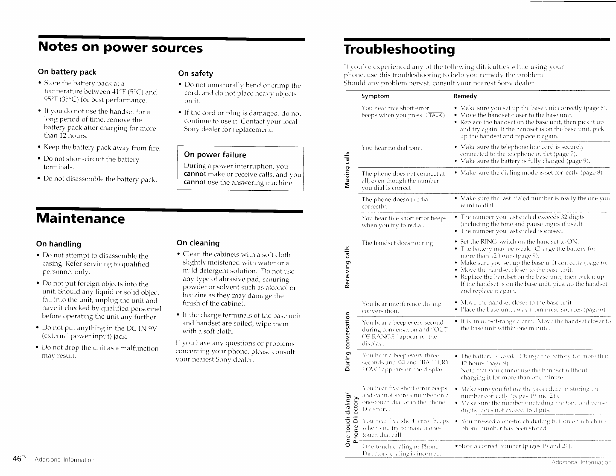 Notes on power sources, On battery pack, On safety | On power failure, Maintenance, On handling, On cleaning, Troubleshooting, Symptom, Remedy | Sony SPP-A967 User Manual | Page 24 / 26