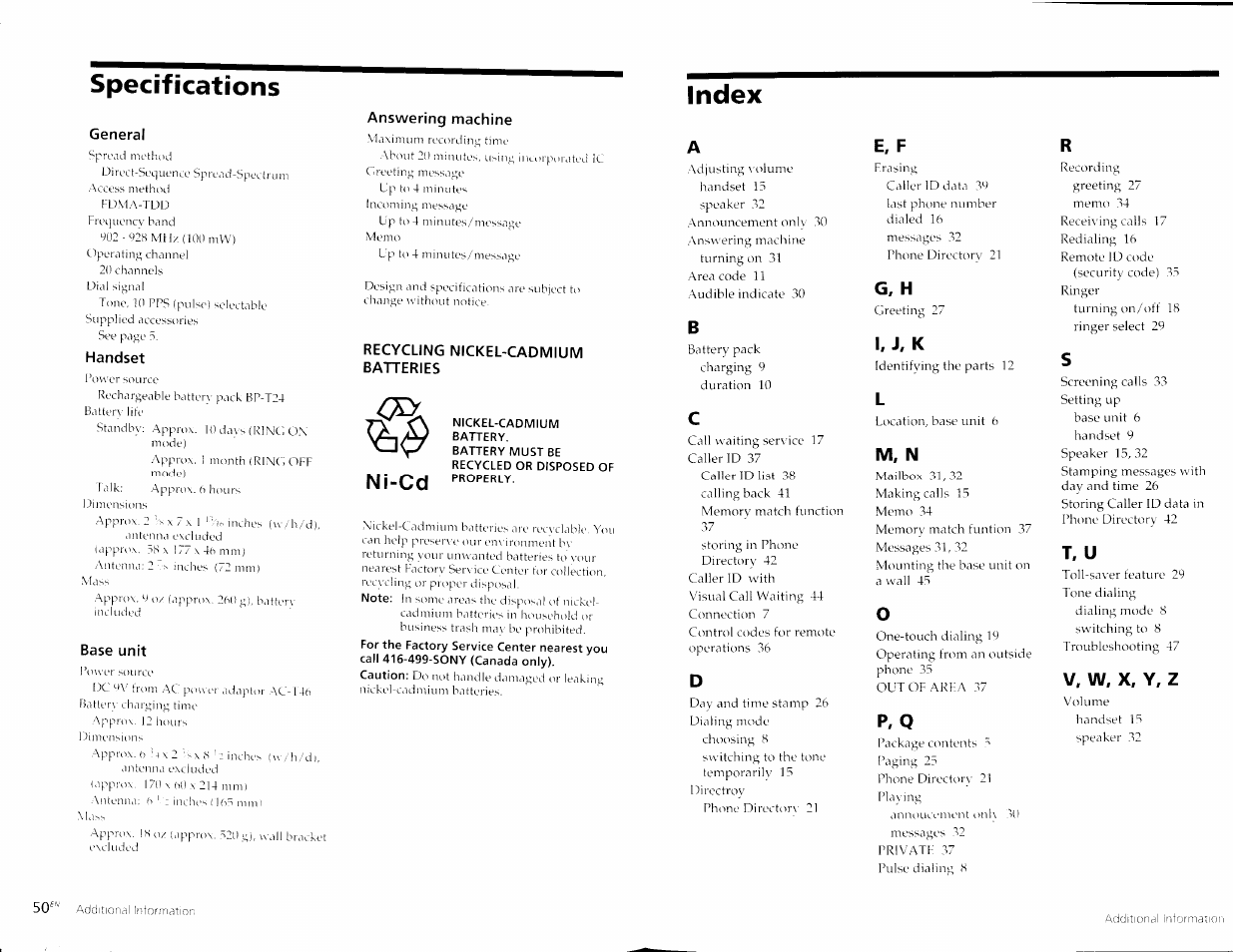 Nickel-cadmium, Battery, Index | Specifications, Ni-cd, J. k, M, n, E, f, G, h, P, q | Sony SPP-A967 User Manual | Page 26 / 26