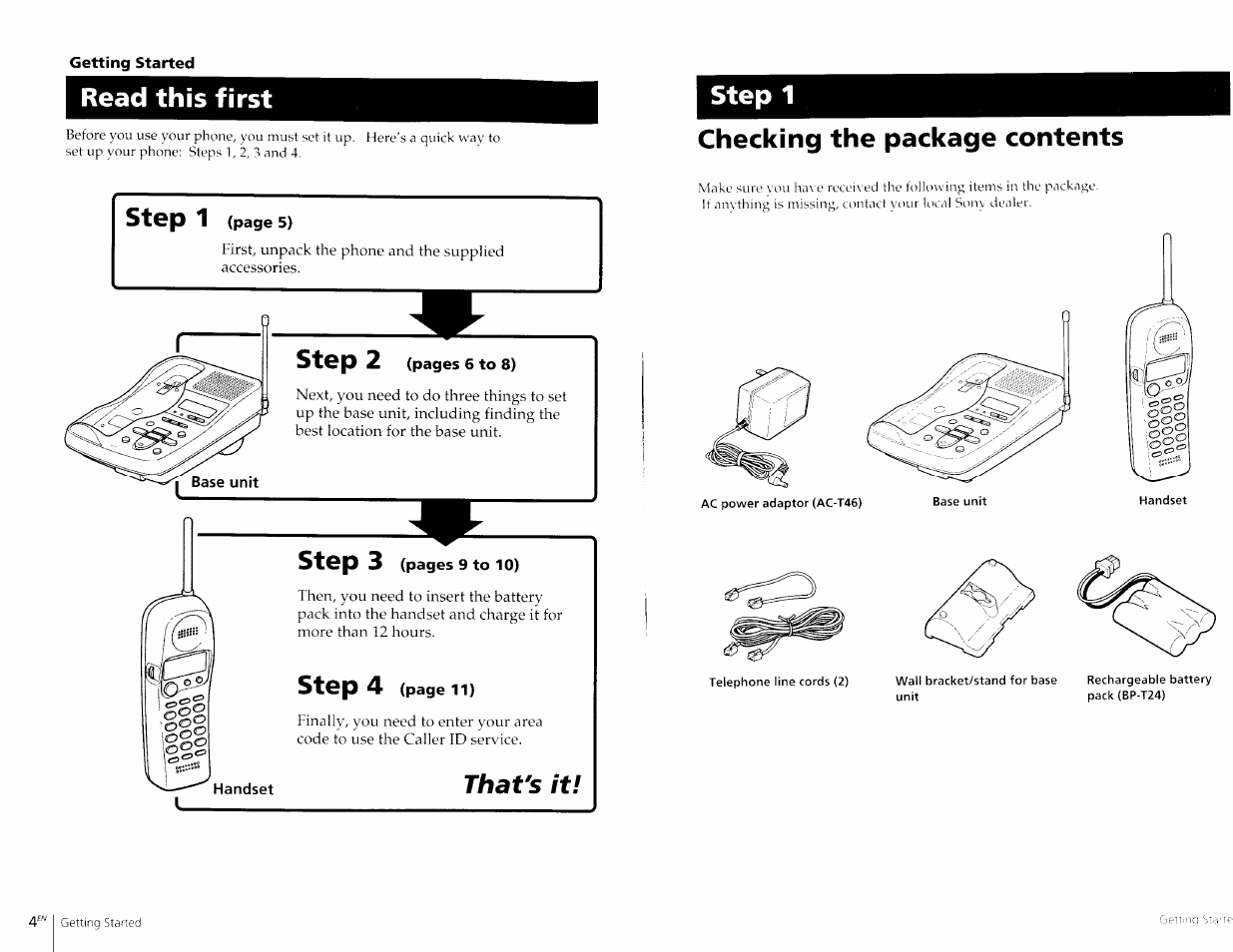 Read this first, Checking the package contents, Step 1 | Step 2, Step 3, Step 4, That's it | Sony SPP-A967 User Manual | Page 3 / 26