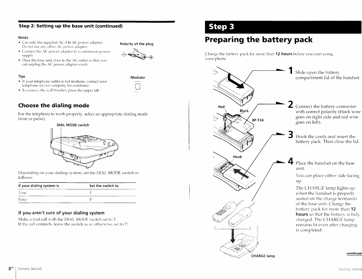 Notes, Tips, Choose the dialing mode | If you aren't sure of your dialing system, Preparing the battery pack, Step 3 | Sony SPP-A967 User Manual | Page 5 / 26