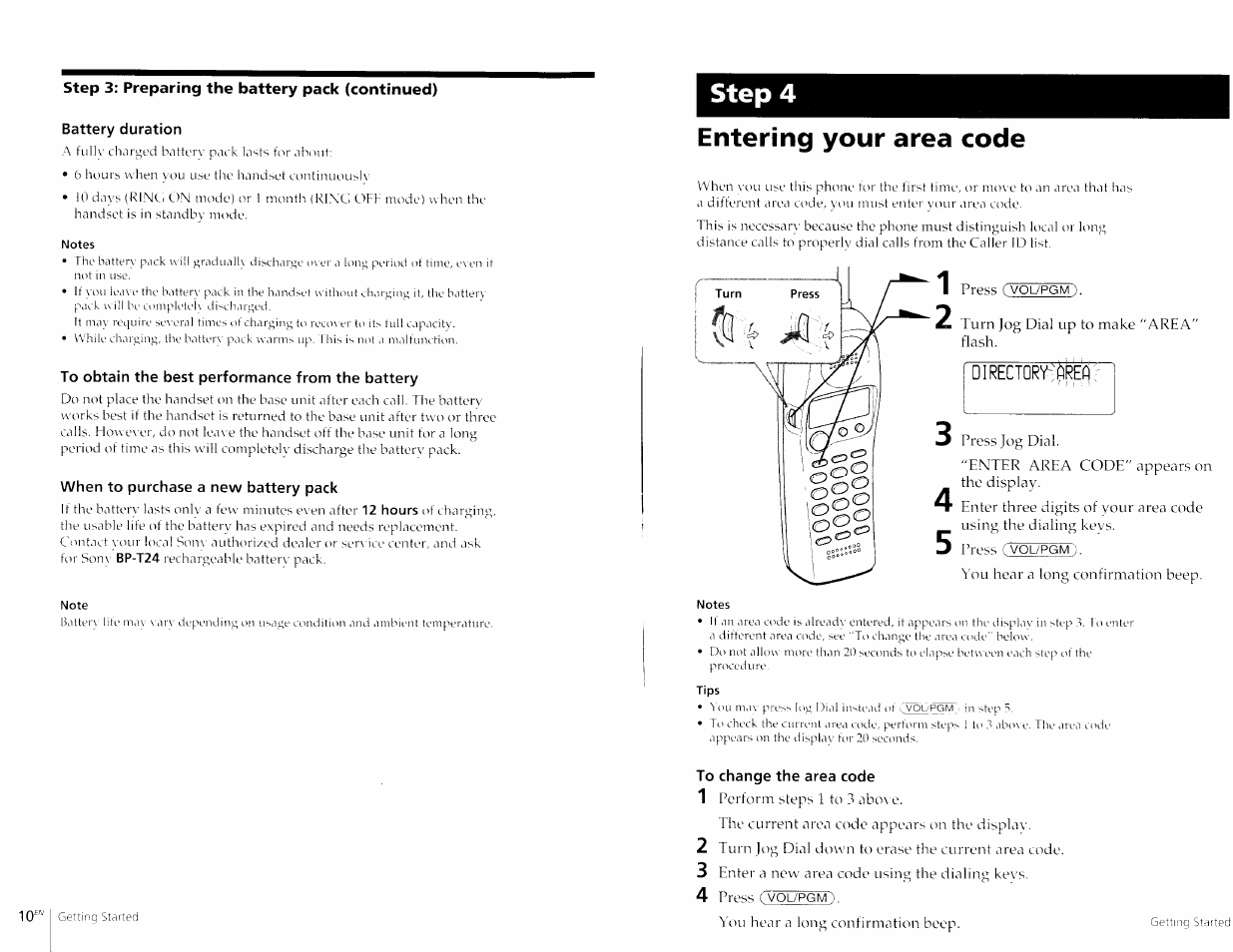 Battery duration, To obtain the best performance from the battery, When to purchase a new battery pack | Entering your area code, To change the area code, Step 4 | Sony SPP-A967 User Manual | Page 6 / 26