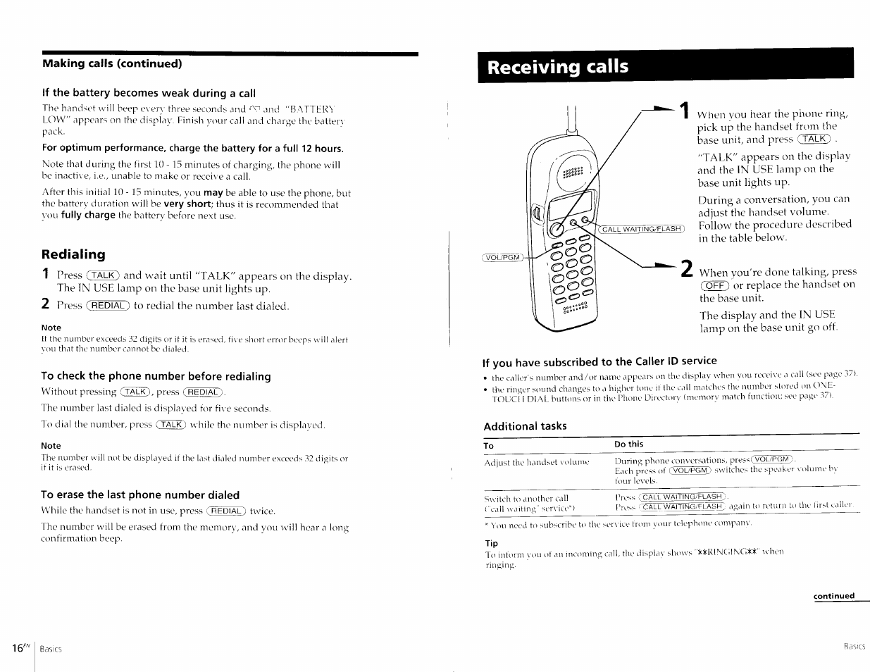 If the battery becomes weak during a call, Redialing, Note | To check the phone number before redialing, To erase the last phone number dialed, If you have subscribed to the caller id service, Additional tasks, Receiving calls, Cqee) | Sony SPP-A967 User Manual | Page 9 / 26