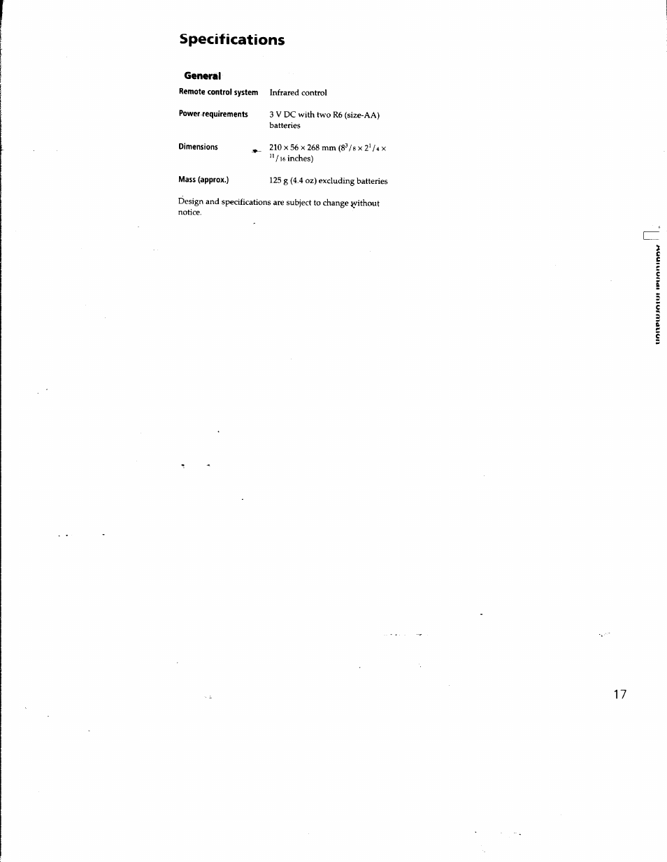 Dimensions, Mass (approx.), Specifications | Sony RM-PP401 User Manual | Page 17 / 17