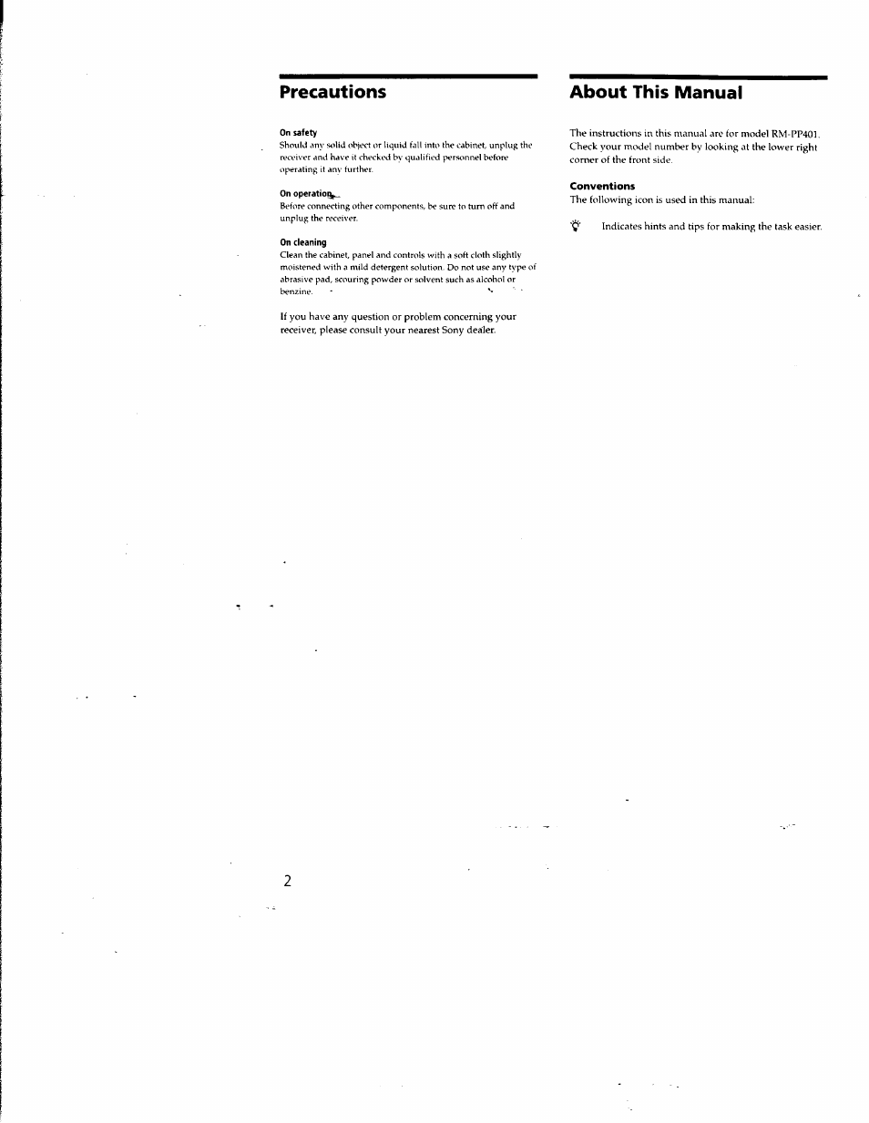 About this manual, Precautions about this manual | Sony RM-PP401 User Manual | Page 2 / 17