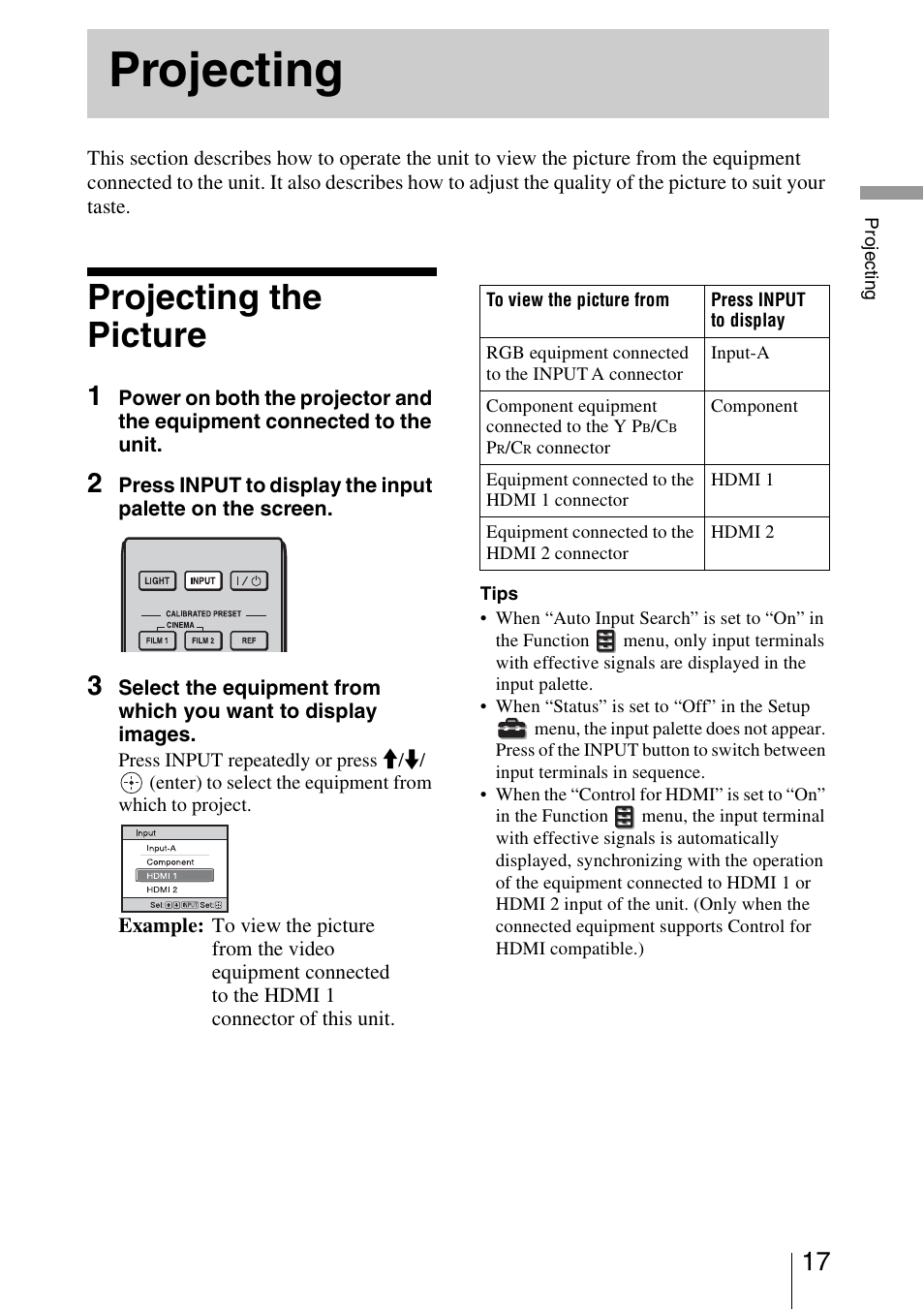 Projecting, Projecting the picture | Sony VPL-HW40ES User Manual | Page 17 / 79