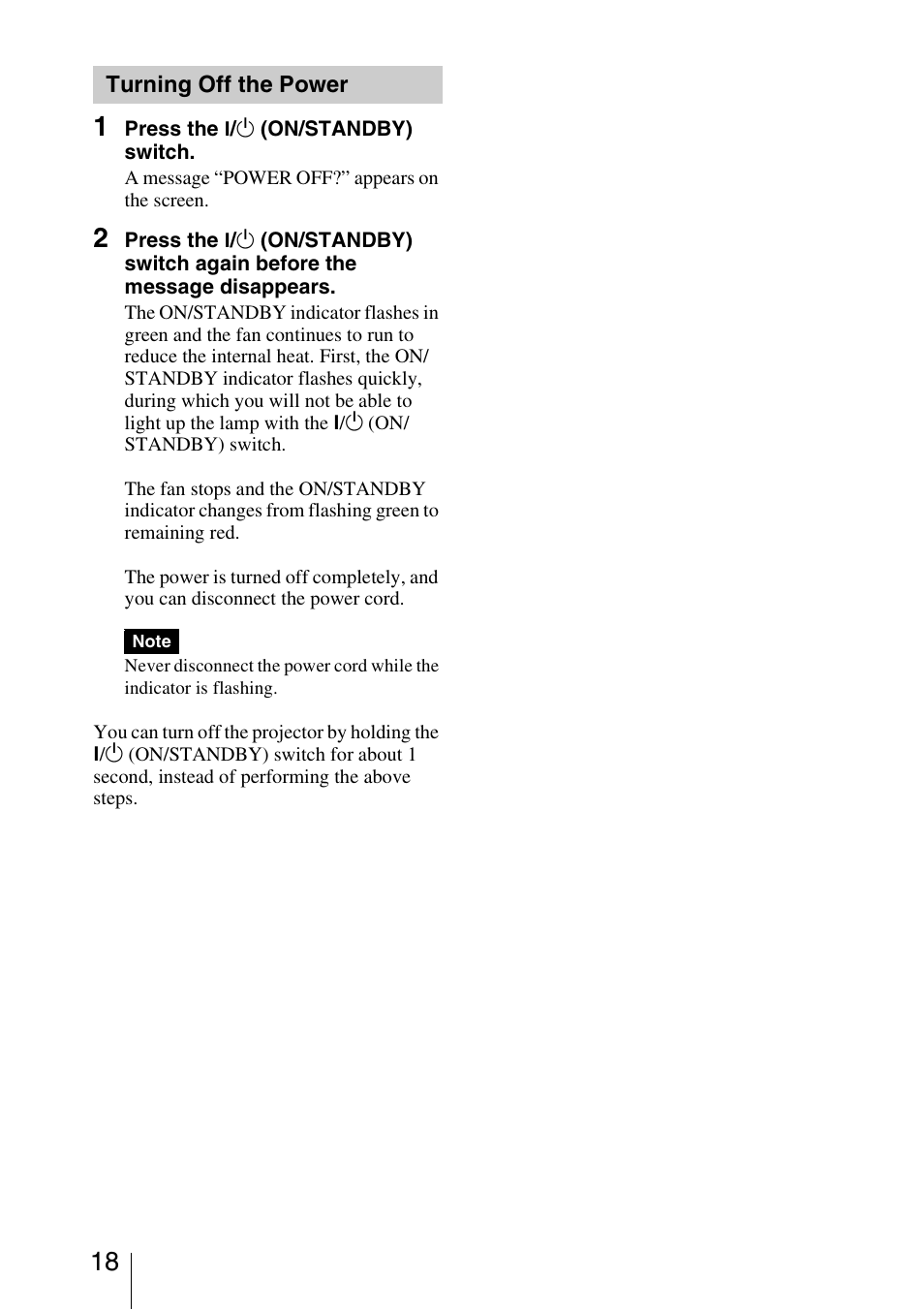 Turning off the power | Sony VPL-HW40ES User Manual | Page 18 / 79