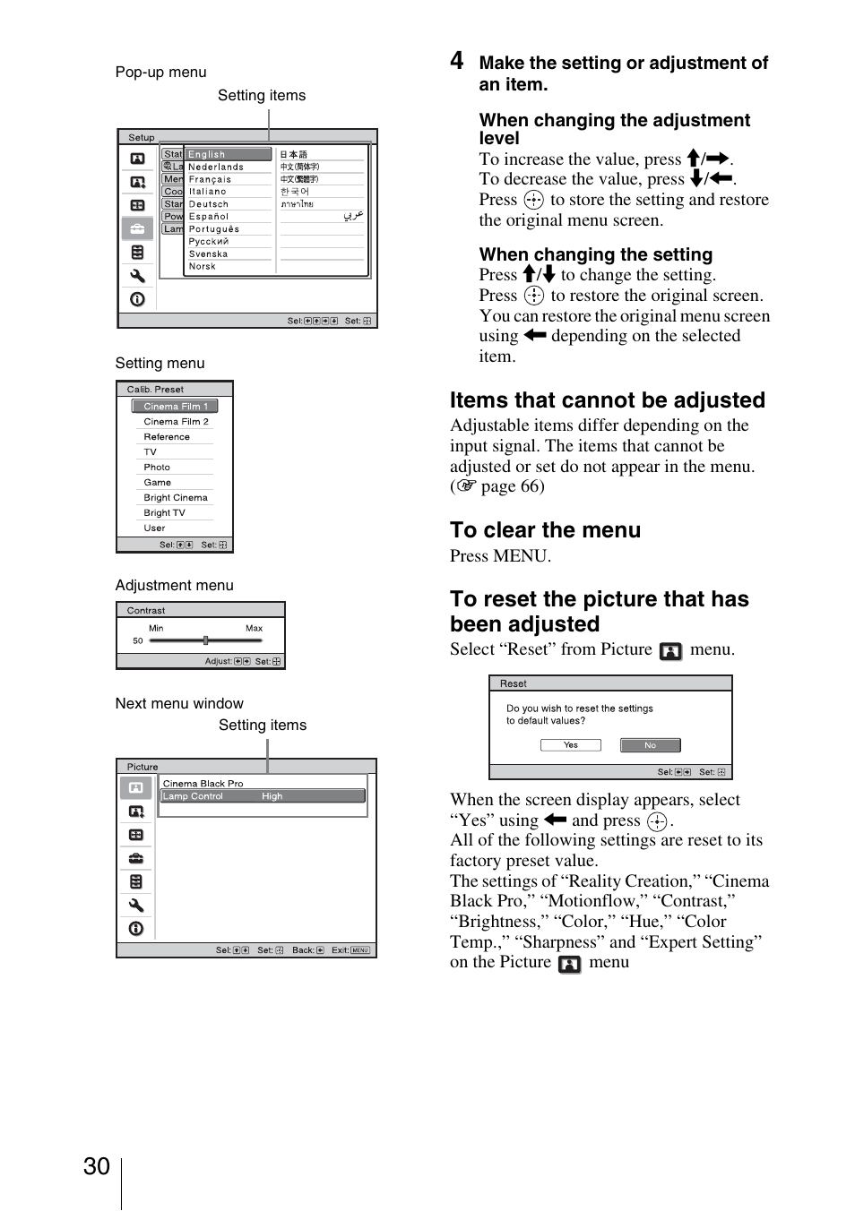 Items that cannot be adjusted | Sony VPL-HW40ES User Manual | Page 30 / 79