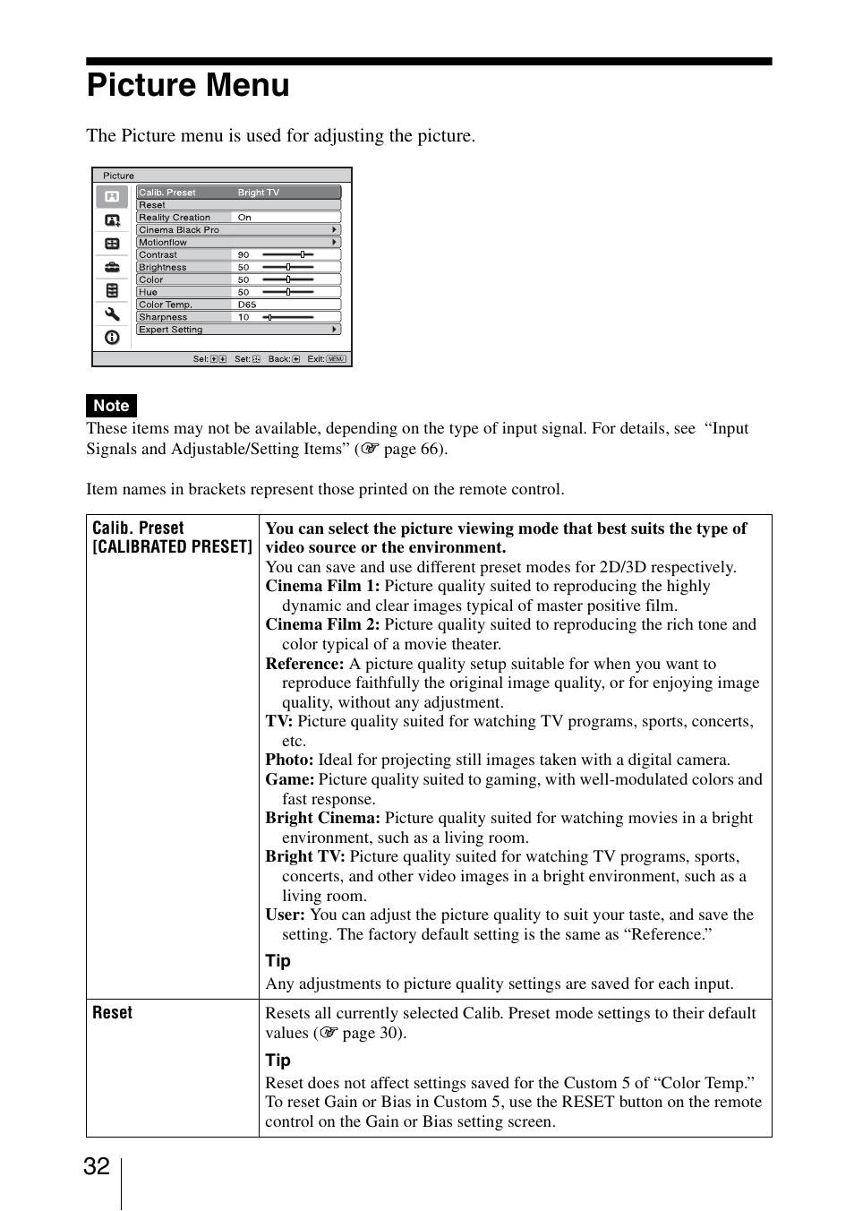 Picture menu | Sony VPL-HW40ES User Manual | Page 32 / 79