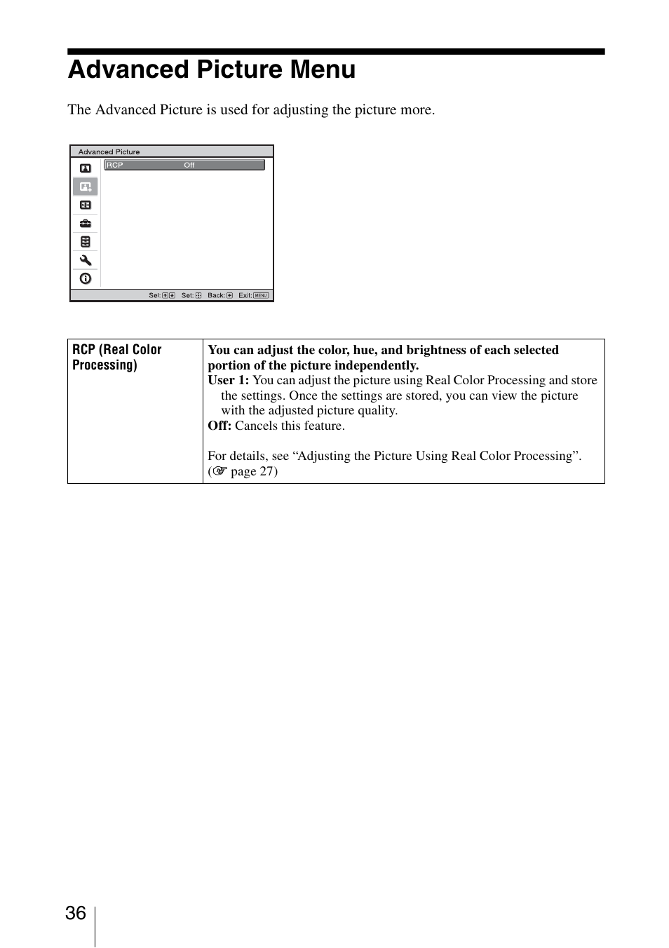 Advanced picture menu | Sony VPL-HW40ES User Manual | Page 36 / 79