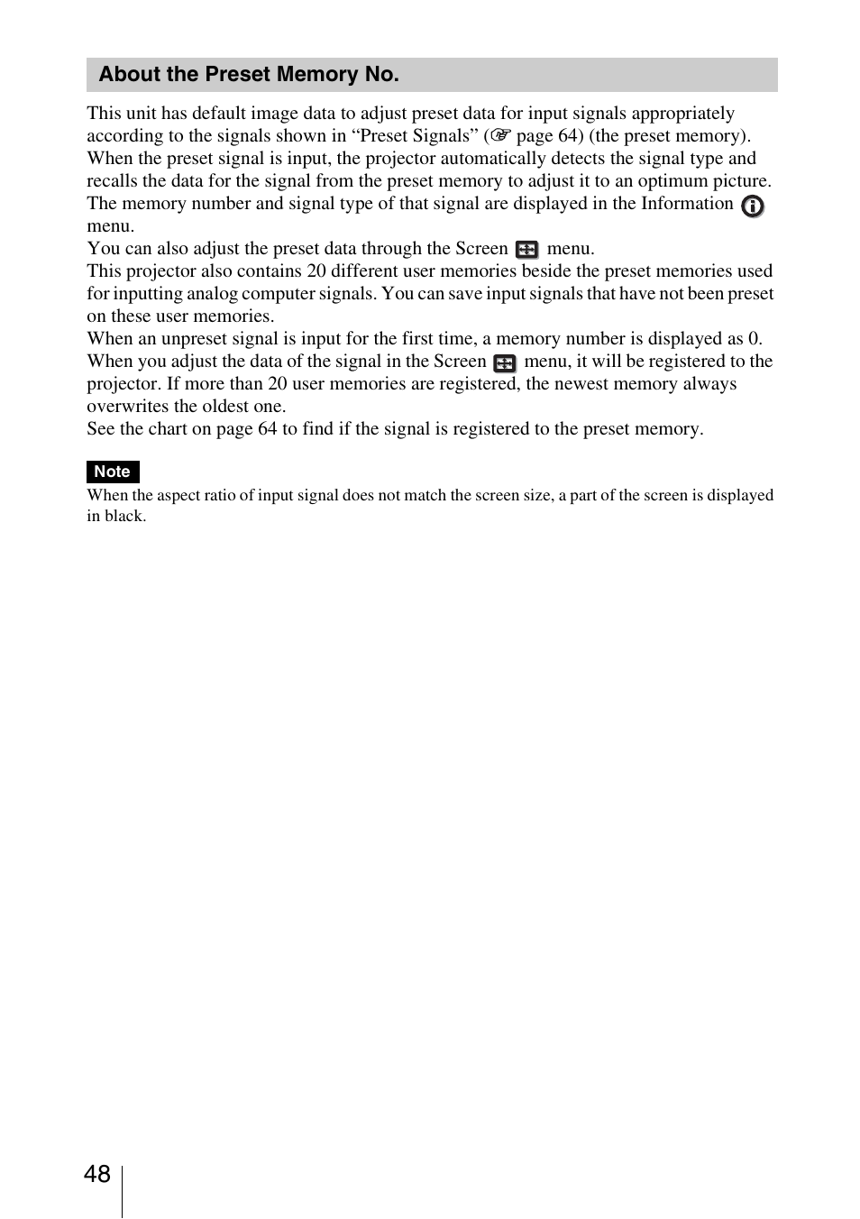 About the preset memory no | Sony VPL-HW40ES User Manual | Page 48 / 79