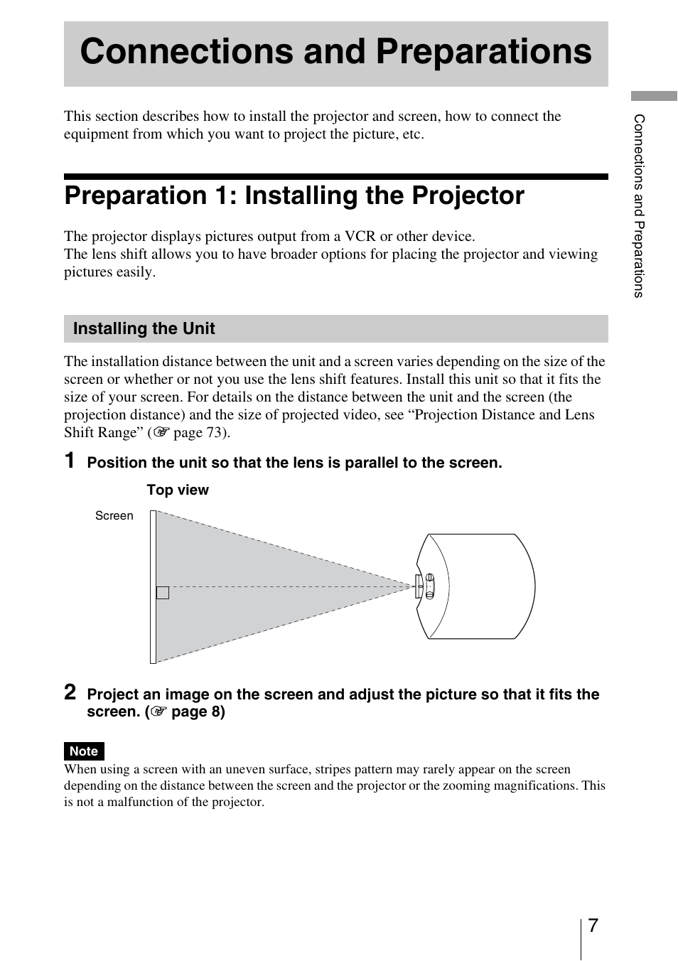 Connections and preparations, Preparation 1: installing the projector, Installing the unit | Sony VPL-HW40ES User Manual | Page 7 / 79