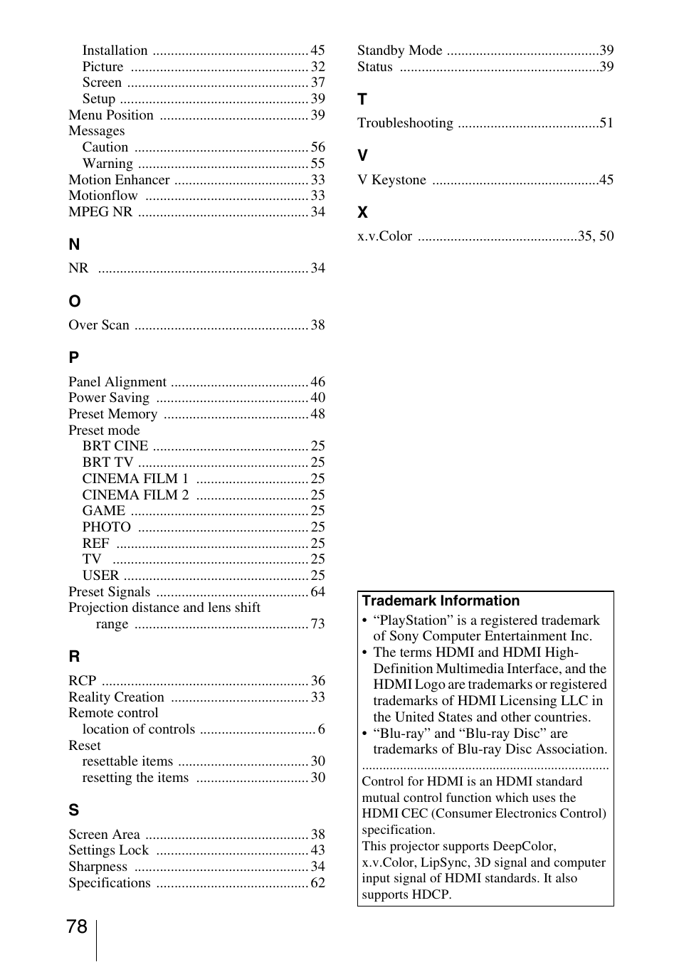 Sony VPL-HW40ES User Manual | Page 78 / 79