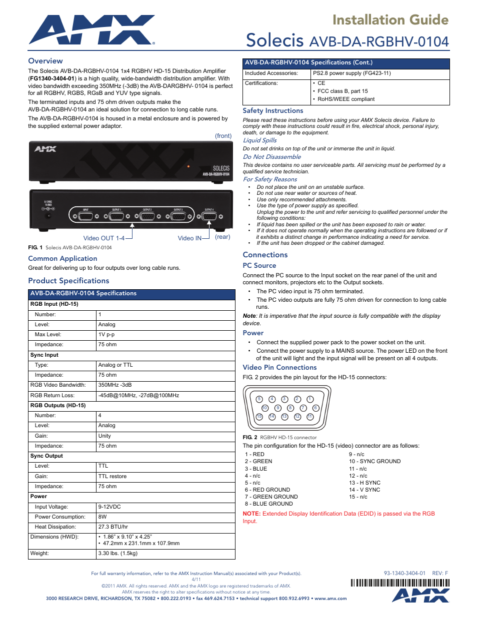 AMX Solecis AVB-DA-RGBHV-0104 User Manual | 1 page