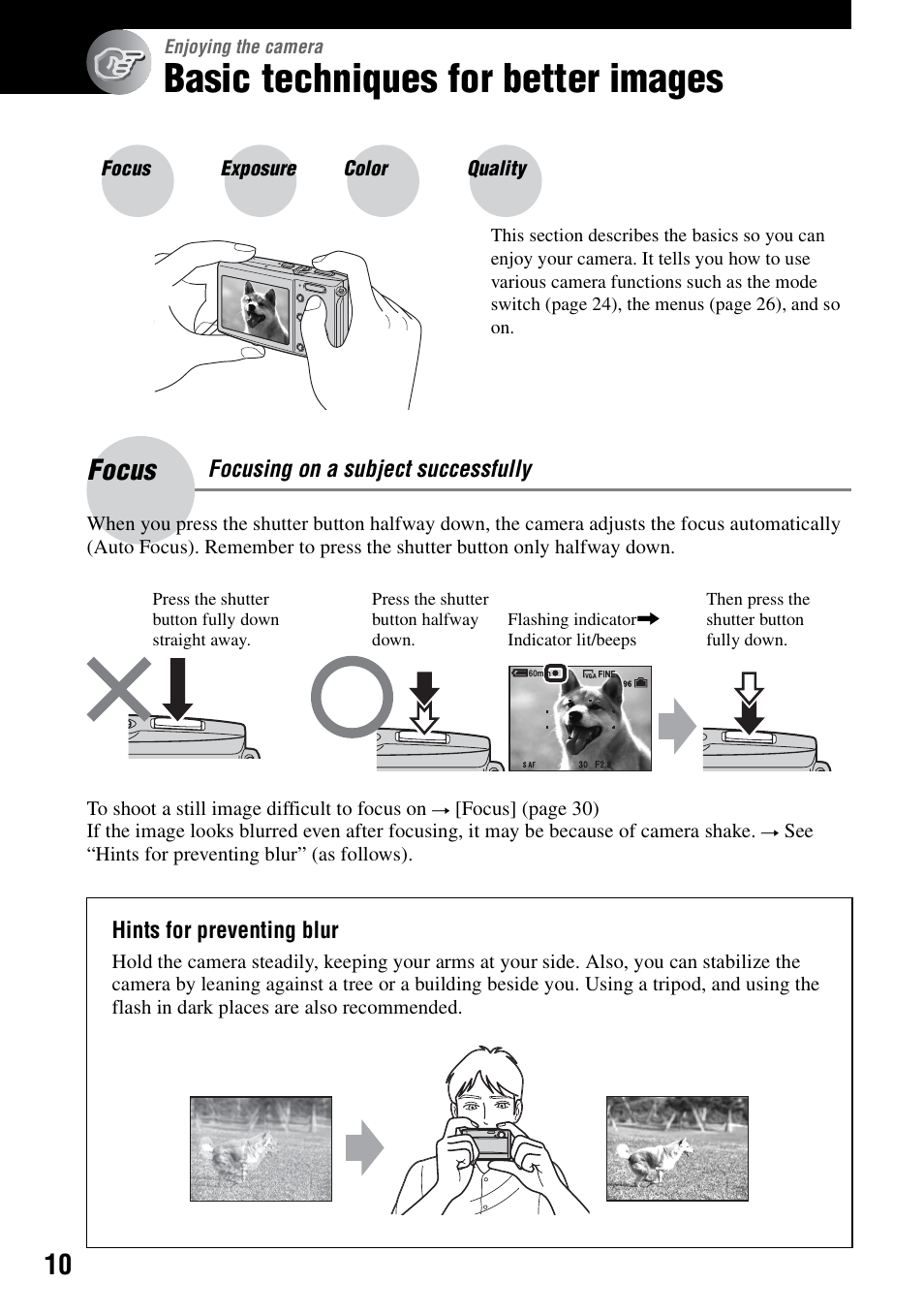 Enjoying the camera, Basic techniques for better images, Focus – focusing on a subject successfully | Focus | Sony DSC-T5 User Manual | Page 10 / 107