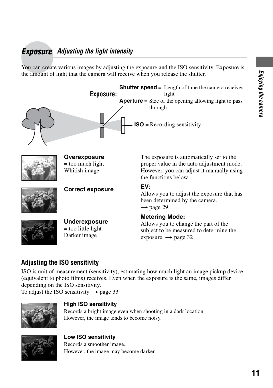 Exposure – adjusting the light intensity, Exposure | Sony DSC-T5 User Manual | Page 11 / 107