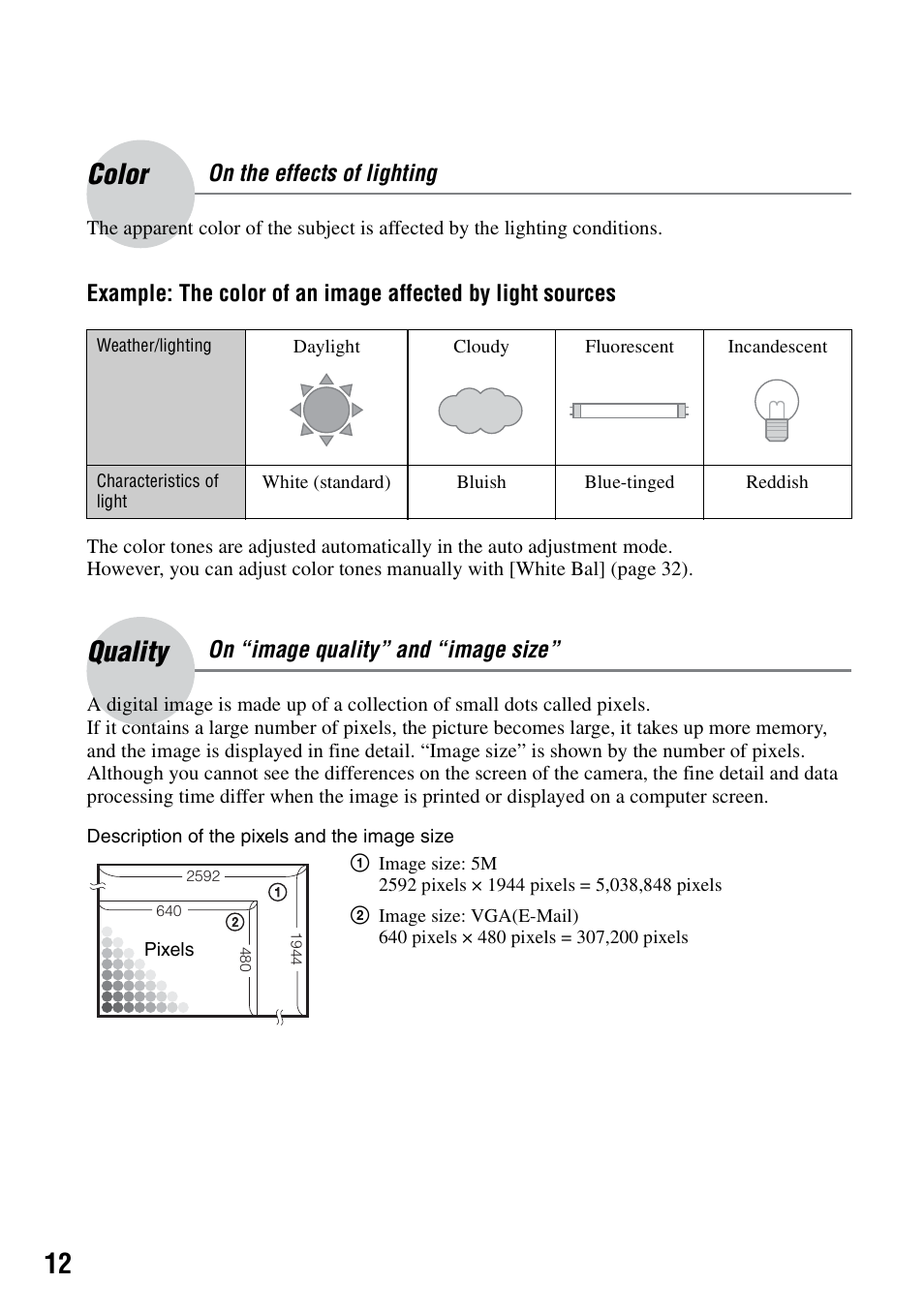 Color, Quality | Sony DSC-T5 User Manual | Page 12 / 107