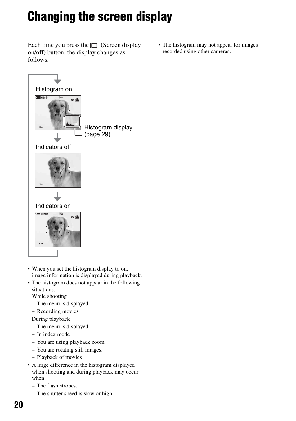 Changing the screen display | Sony DSC-T5 User Manual | Page 20 / 107