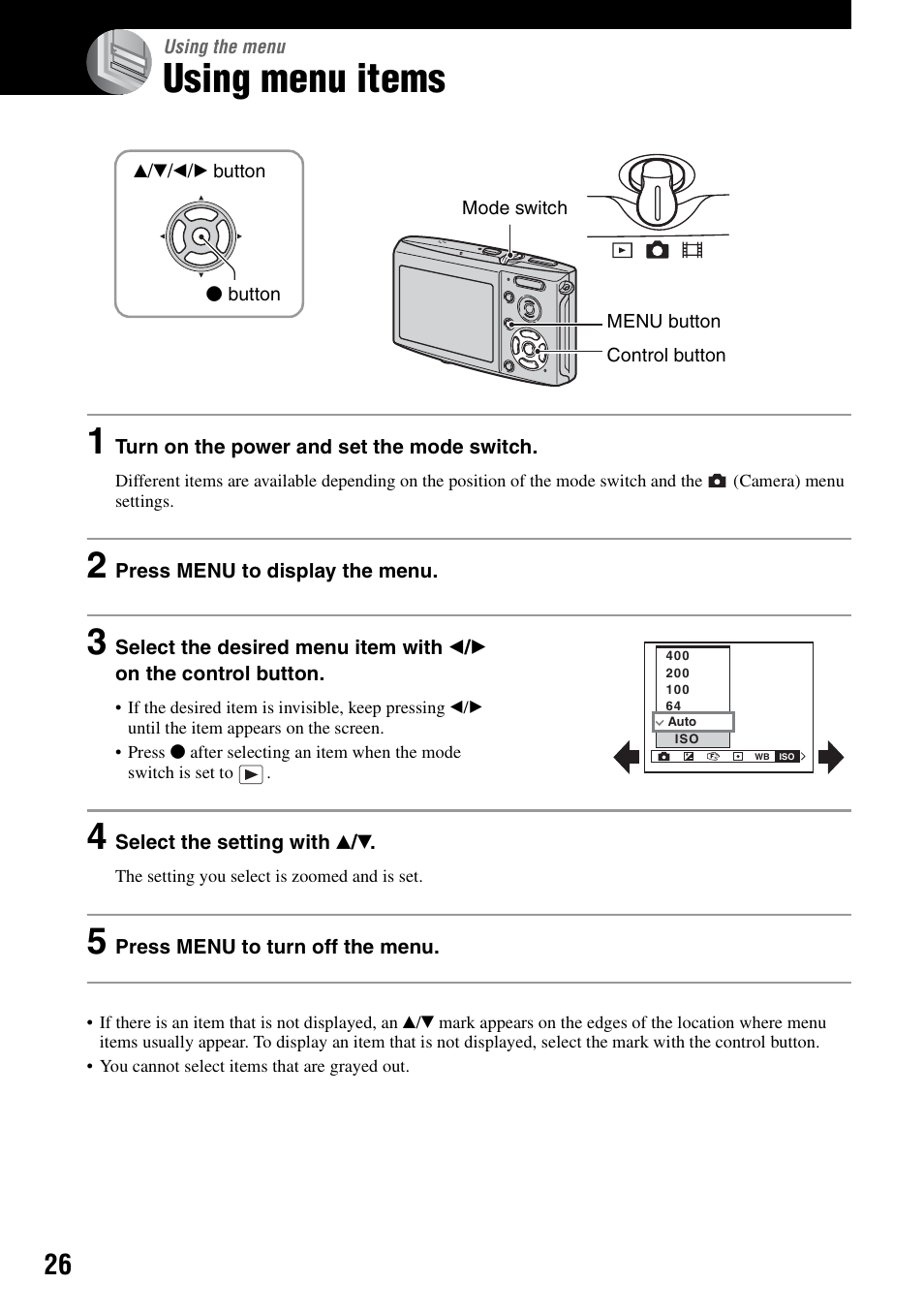 Using the menu, Using menu items, Nu (26) | Sony DSC-T5 User Manual | Page 26 / 107