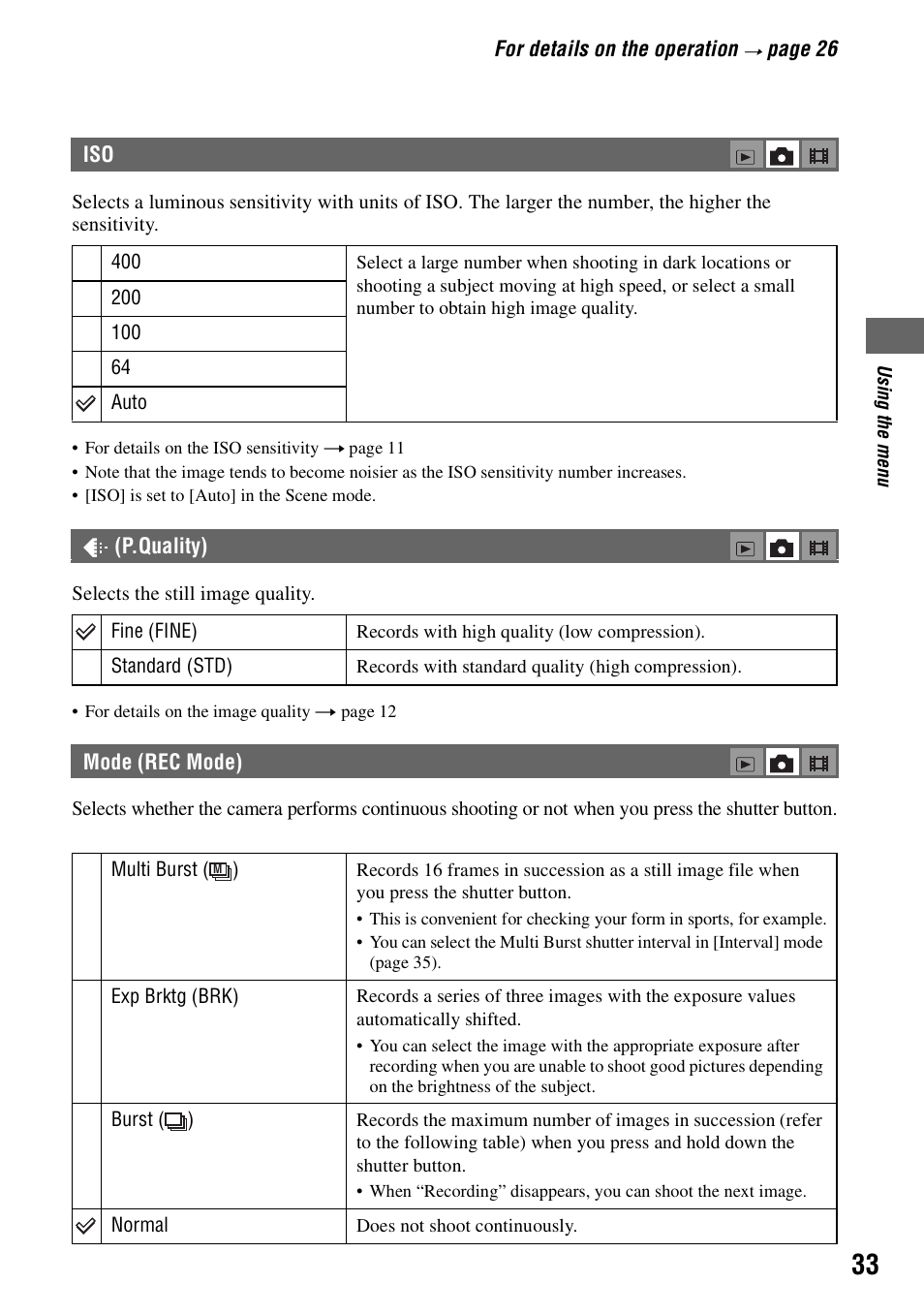 P.quality), Mode (rec mode) | Sony DSC-T5 User Manual | Page 33 / 107