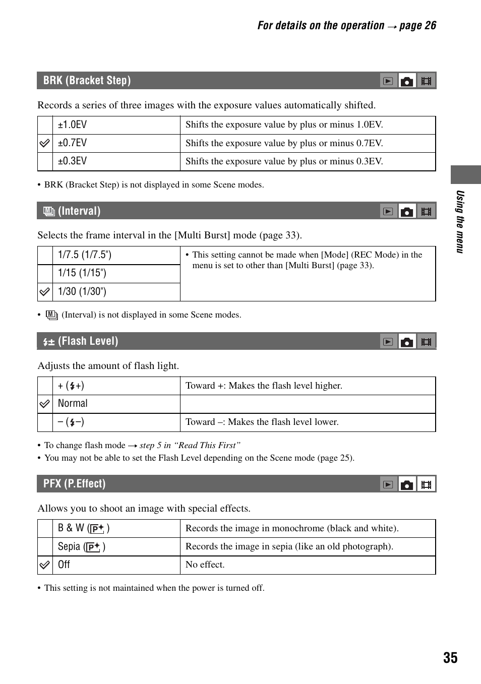 Brk (bracket step), Interval) (flash level), Pfx (p.effect) | E (35) | Sony DSC-T5 User Manual | Page 35 / 107