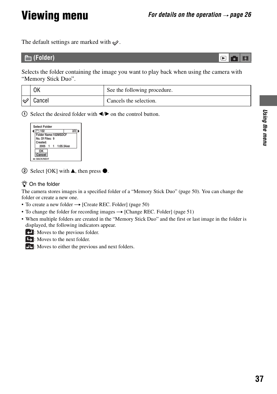 Viewing menu, Folder), For details on the operation | Pa ge 26 | Sony DSC-T5 User Manual | Page 37 / 107