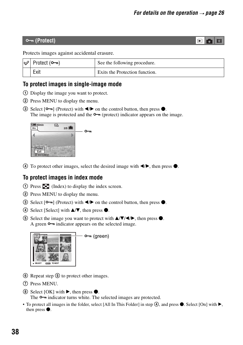 Protect), T (38), For details on the operation | Page 26 | Sony DSC-T5 User Manual | Page 38 / 107