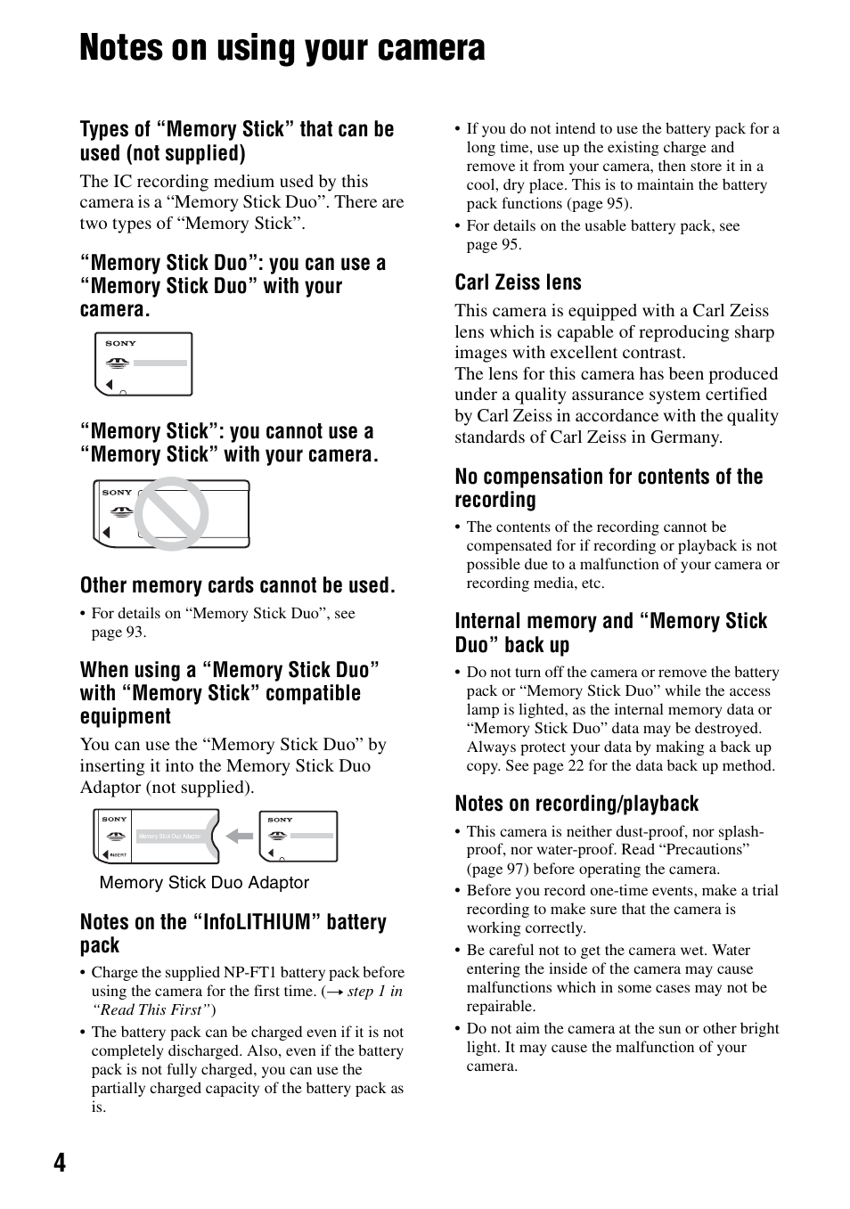 Notes on using your camera | Sony DSC-T5 User Manual | Page 4 / 107