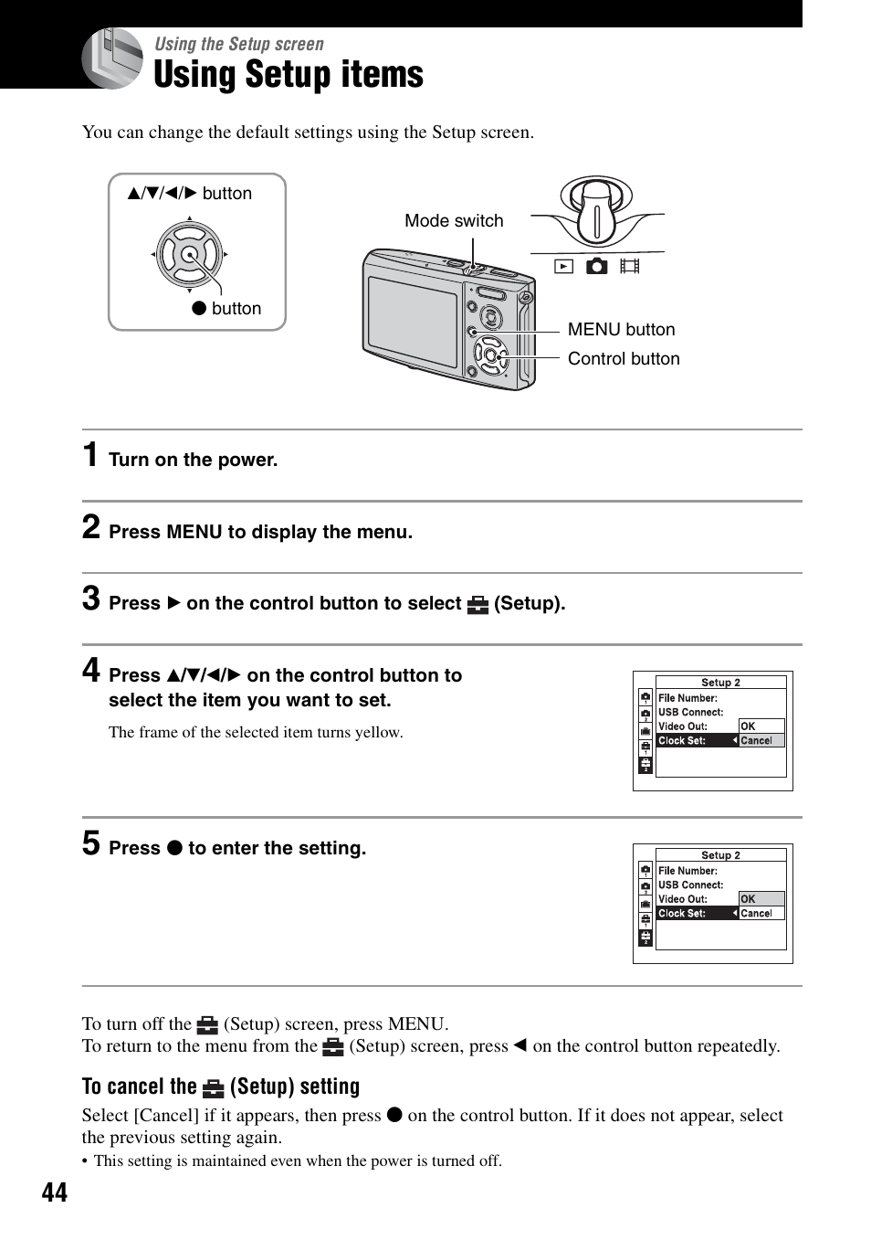 Using the setup screen, Using setup items | Sony DSC-T5 User Manual | Page 44 / 107