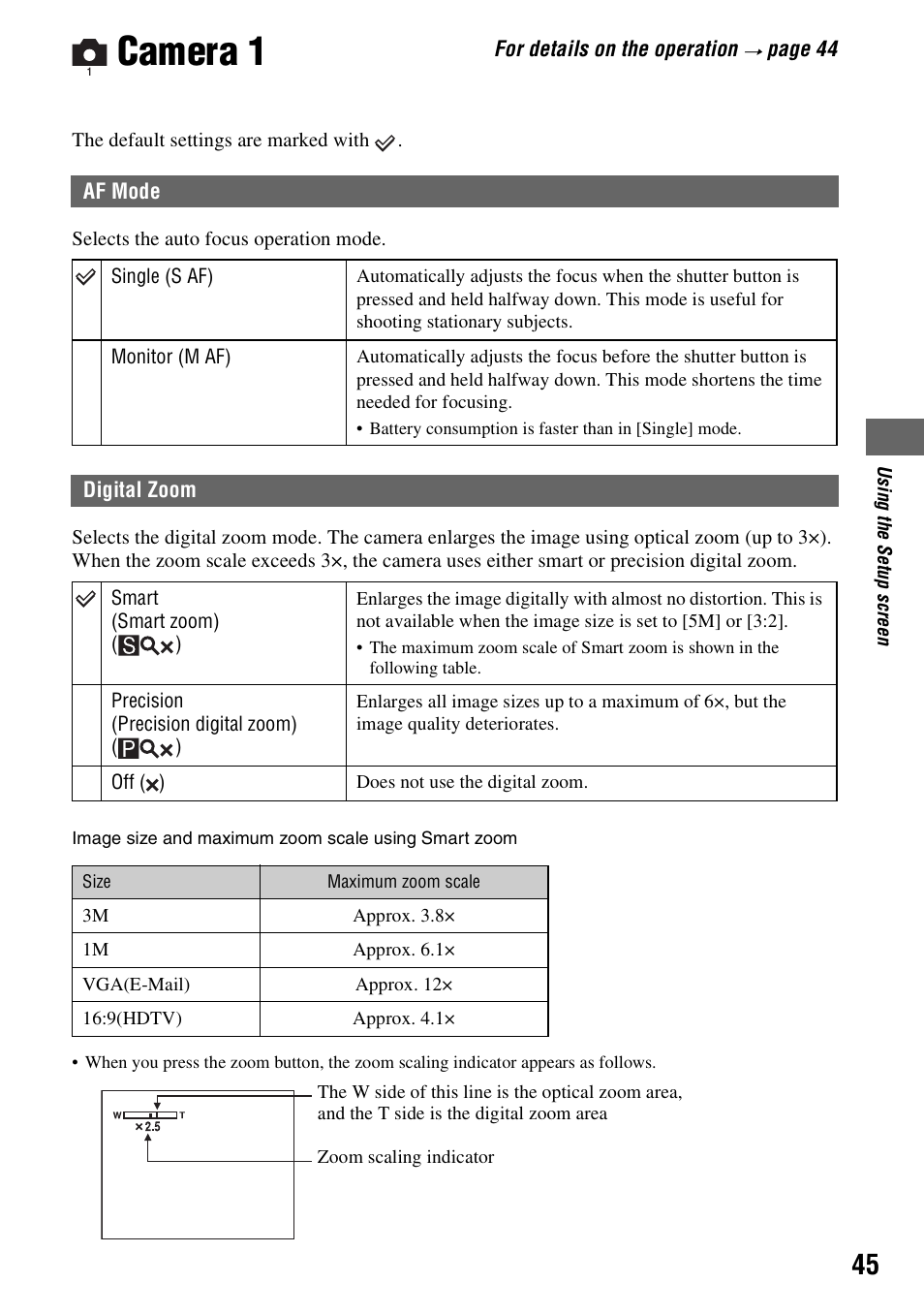 Camera 1, Af mode digital zoom | Sony DSC-T5 User Manual | Page 45 / 107