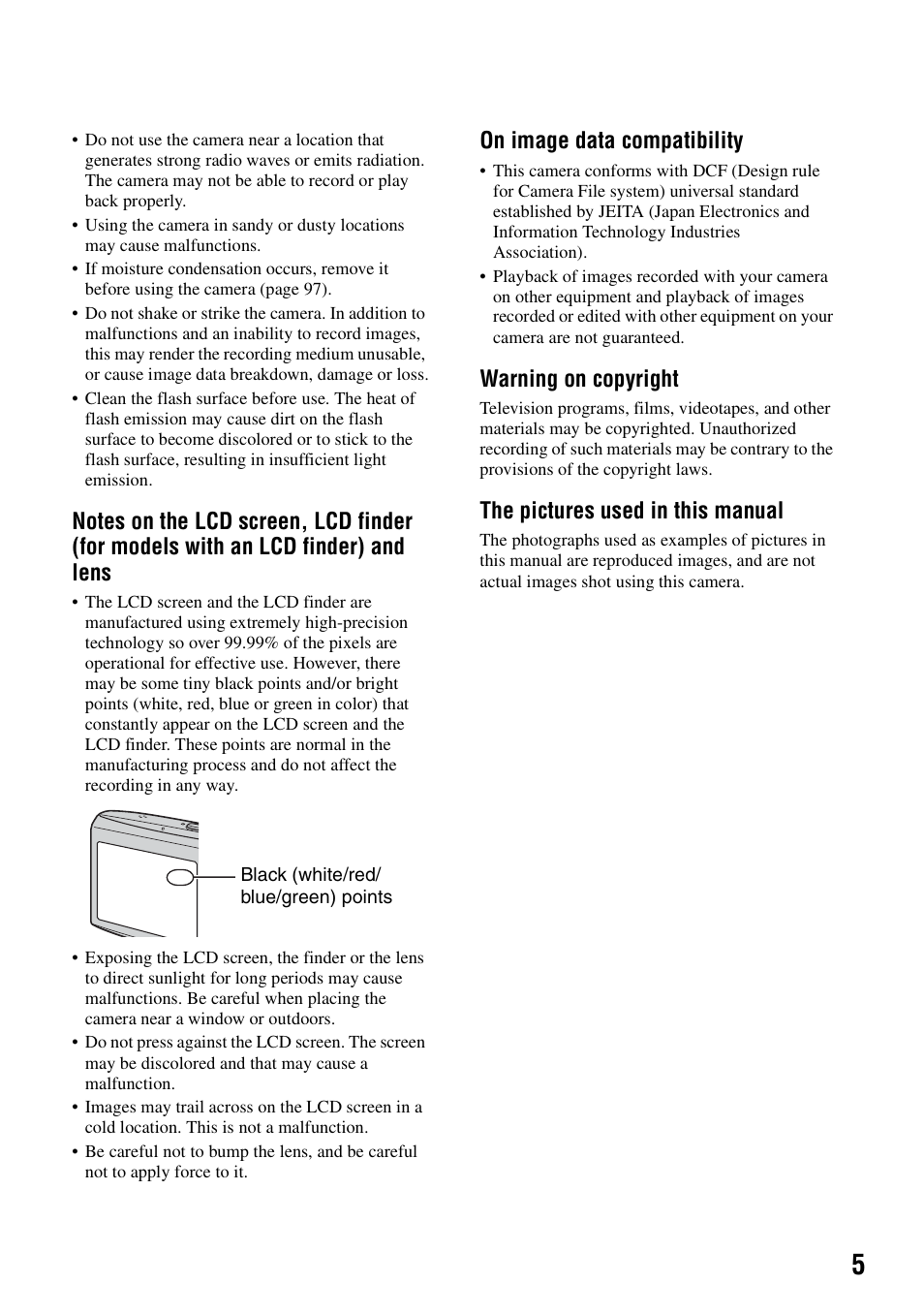 On image data compatibility, Warning on copyright, The pictures used in this manual | Sony DSC-T5 User Manual | Page 5 / 107