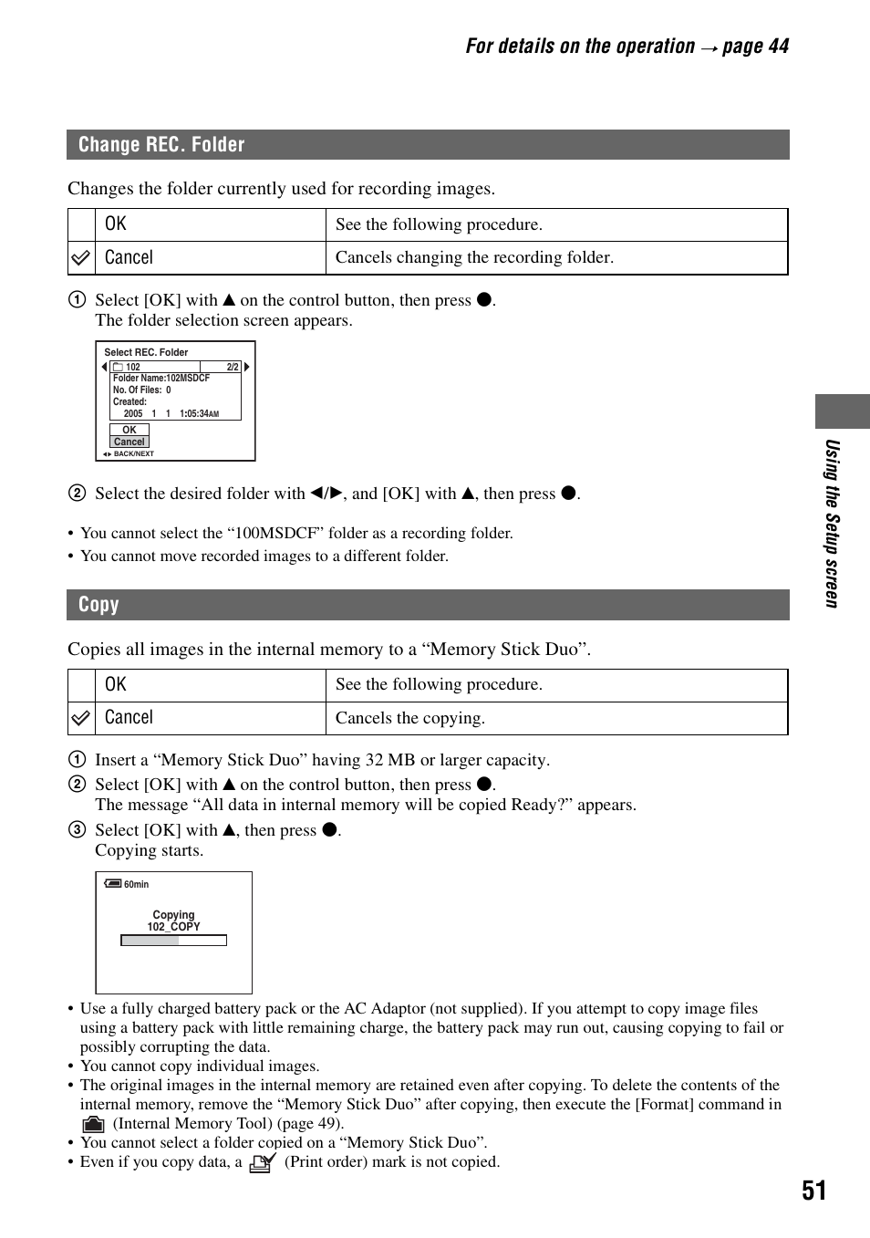 Change rec. folder copy, For details on the operation, Pa ge 44 | Change rec. folder, Copy | Sony DSC-T5 User Manual | Page 51 / 107