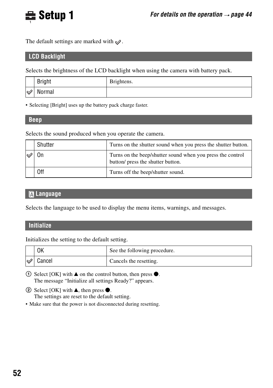 Setup 1, Lcd backlight beep, Language | Initialize | Sony DSC-T5 User Manual | Page 52 / 107