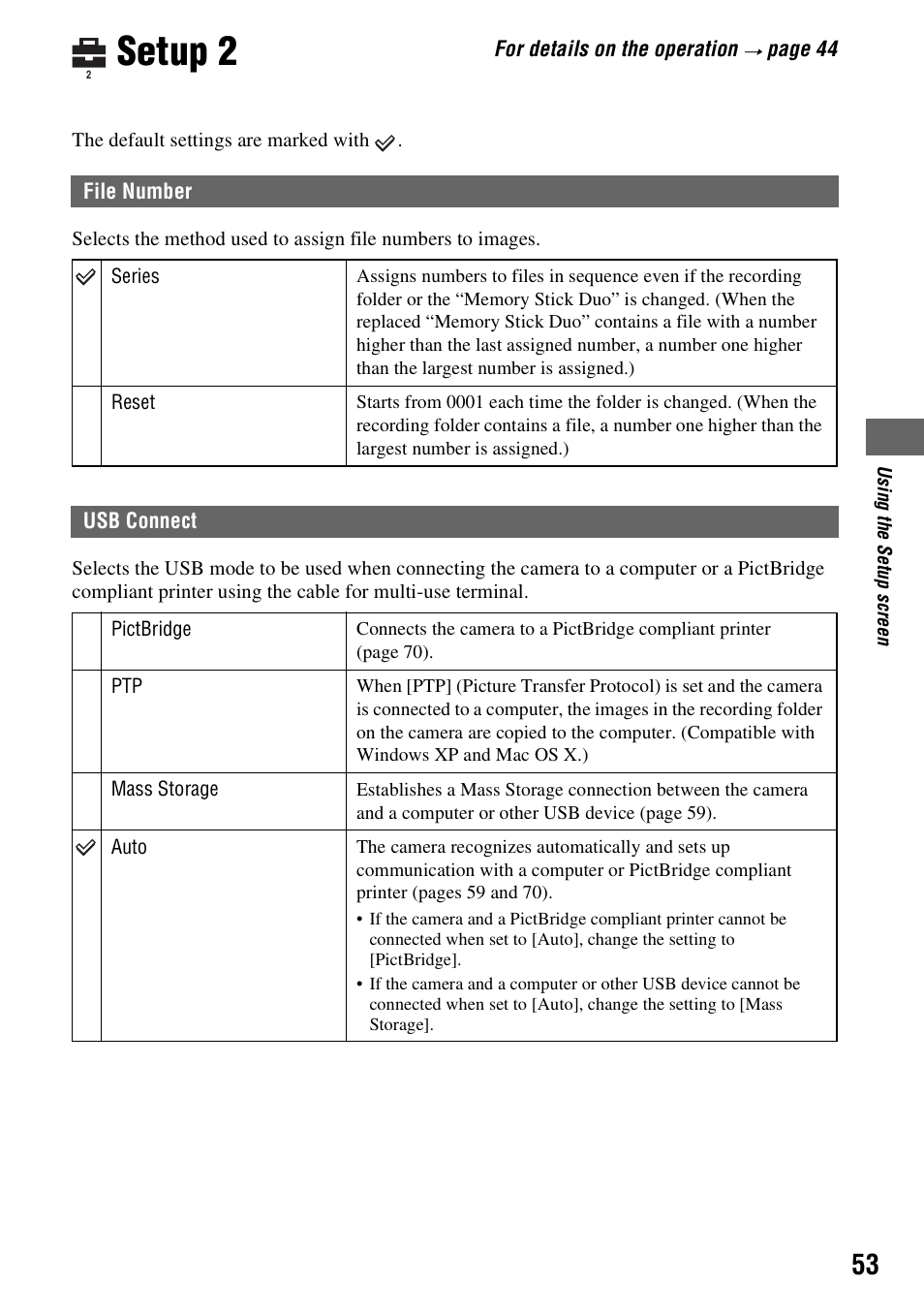 Setup 2, File number usb connect | Sony DSC-T5 User Manual | Page 53 / 107