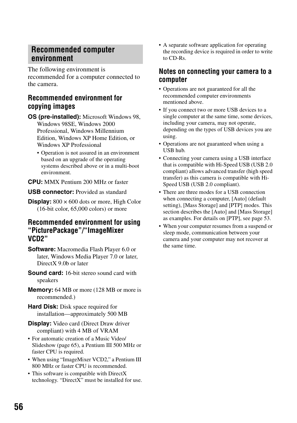 Recommended computer environment, Recommended environment for copying images | Sony DSC-T5 User Manual | Page 56 / 107