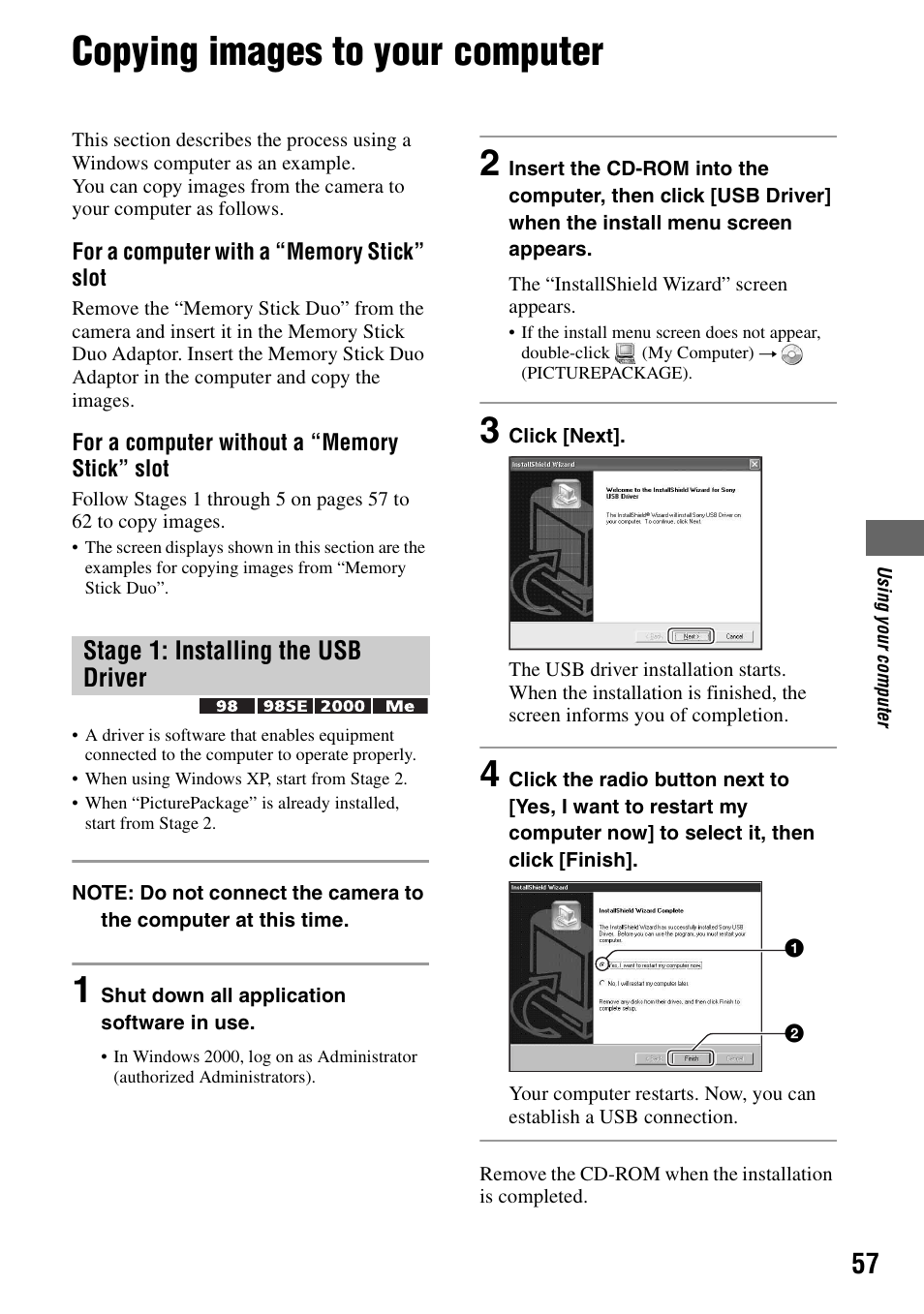 Copying images to your computer, Stage 1: installing the usb driver | Sony DSC-T5 User Manual | Page 57 / 107