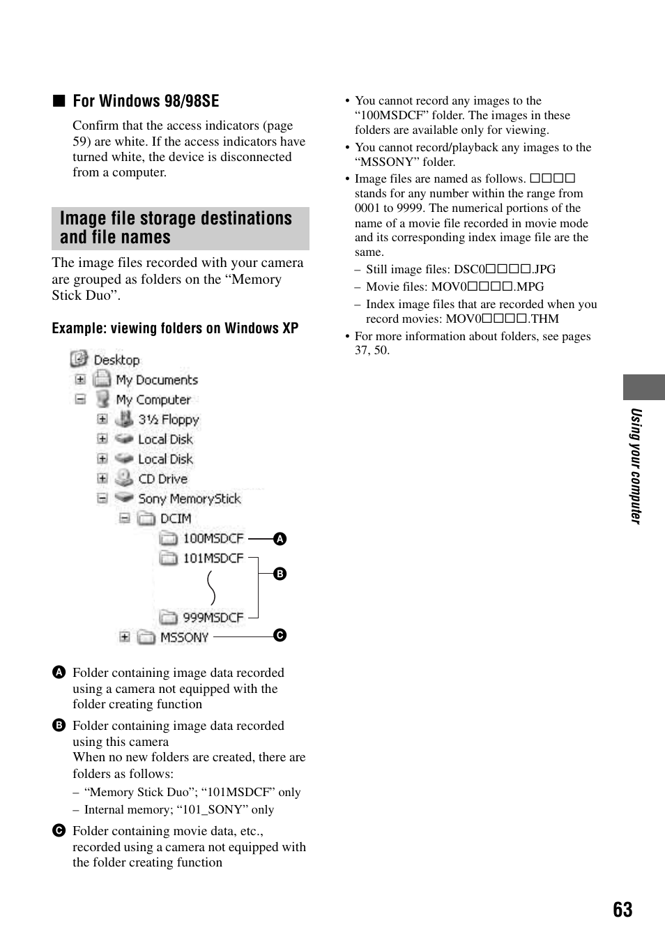 Image file storage destinations and file names, Xfor windows 98/98se | Sony DSC-T5 User Manual | Page 63 / 107