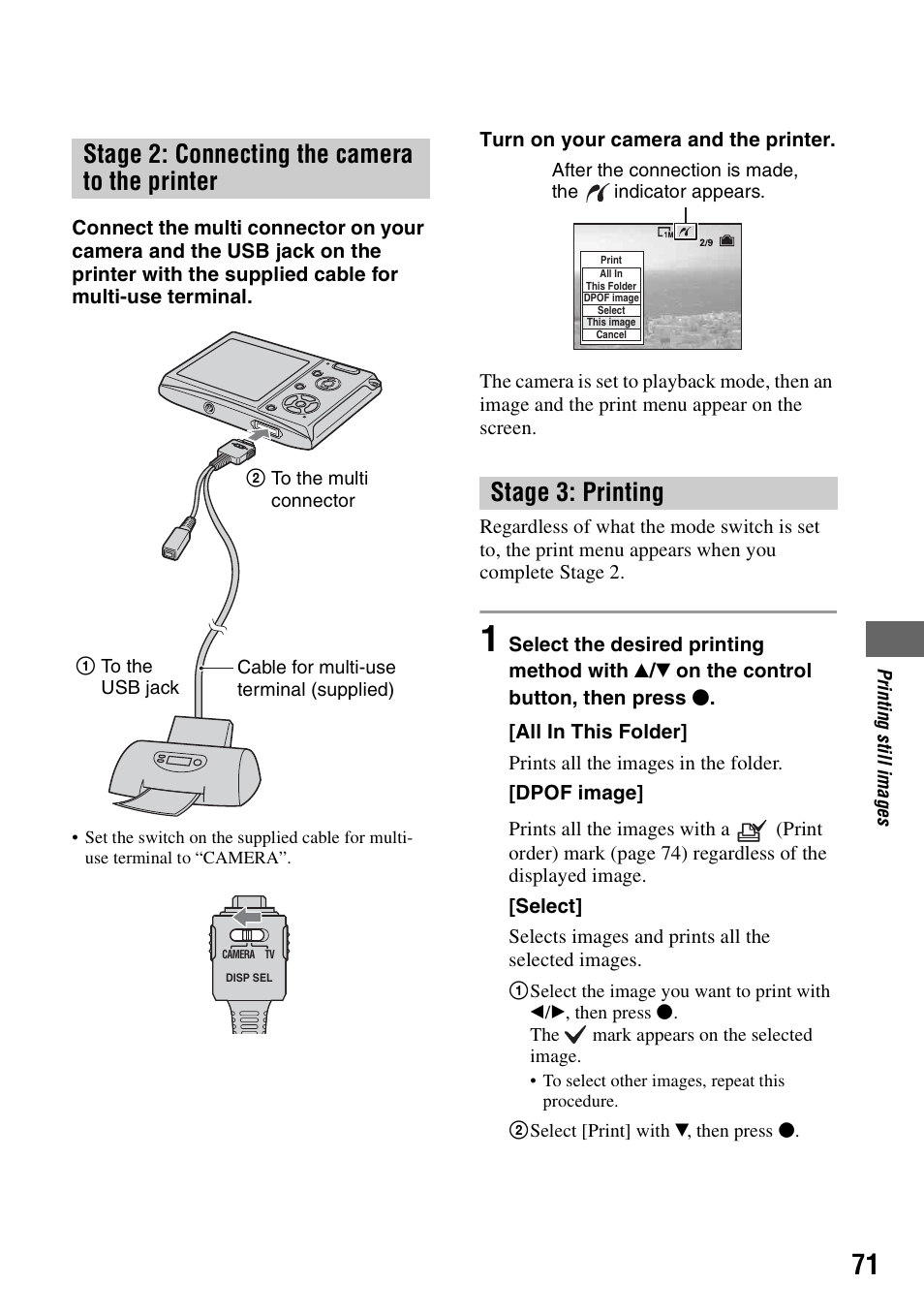 Stage 2: connecting the camera to the printer, Stage 3: printing | Sony DSC-T5 User Manual | Page 71 / 107