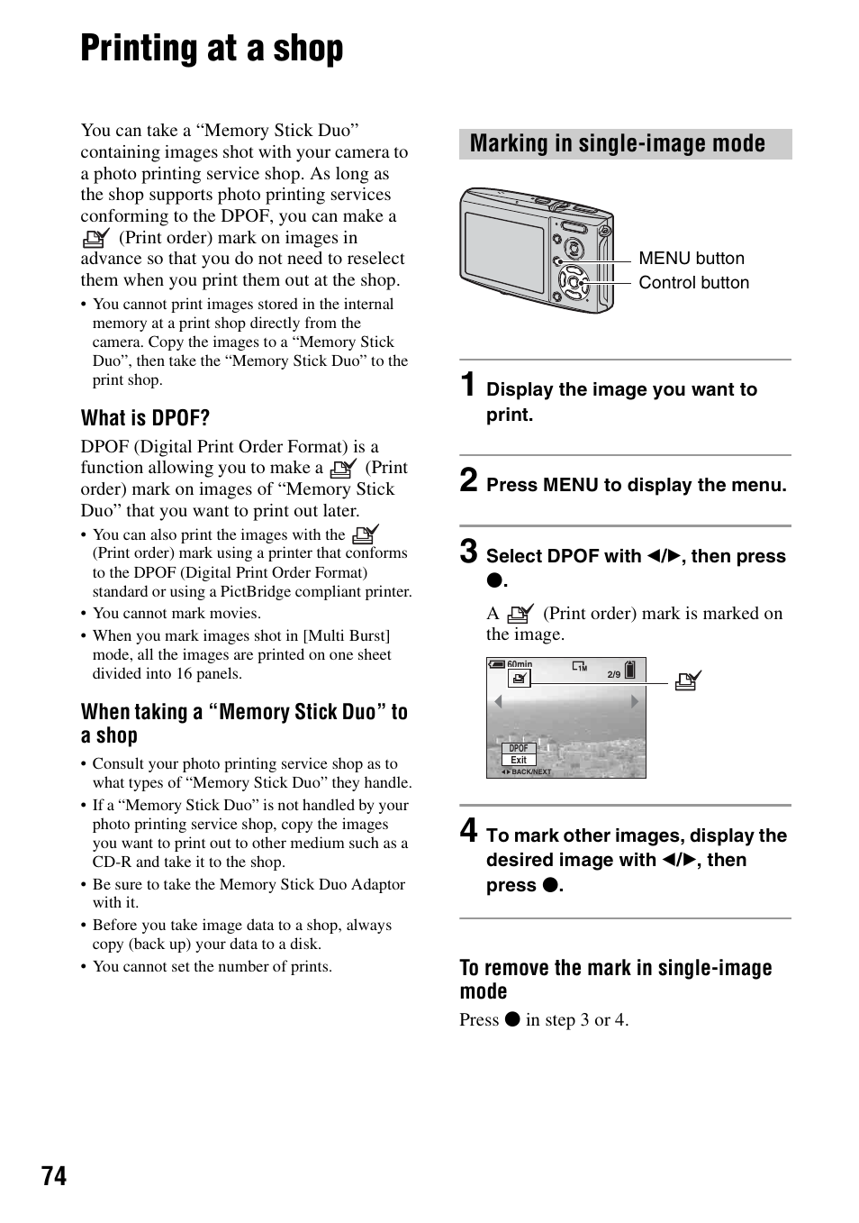 Printing at a shop, Marking in single-image mode | Sony DSC-T5 User Manual | Page 74 / 107