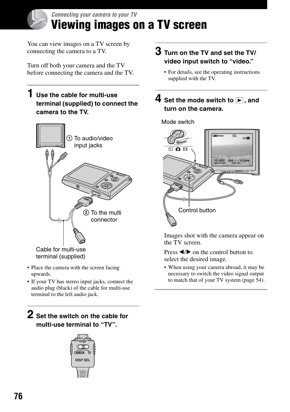 Connecting your camera to your tv, Viewing images on a tv screen | Sony DSC-T5 User Manual | Page 76 / 107