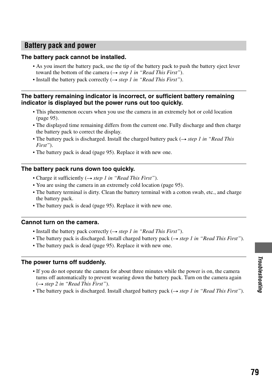 S 79 t, Battery pack and power | Sony DSC-T5 User Manual | Page 79 / 107