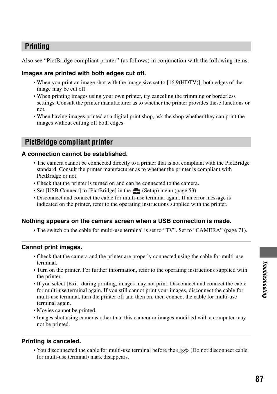 Printing pictbridge compliant printer | Sony DSC-T5 User Manual | Page 87 / 107